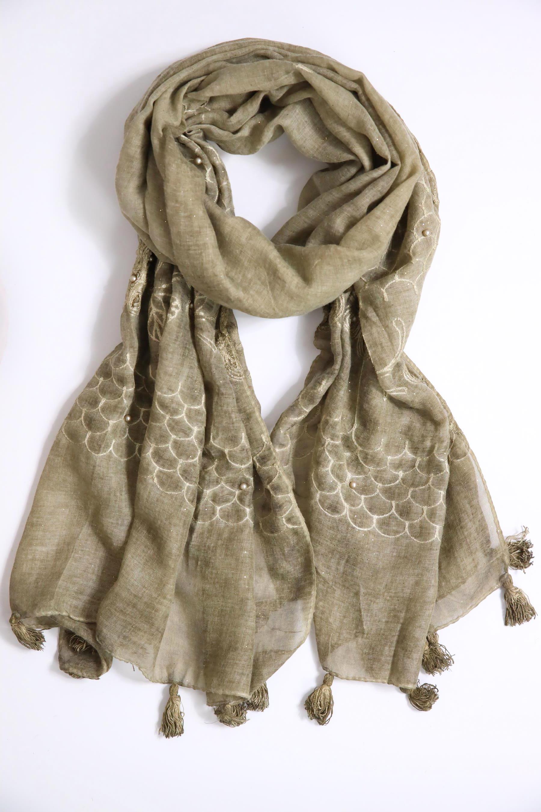 Haki Simli İnci İşlemeli Şal - Şaman Butik Haki Simli İnci İşlemeli Şal