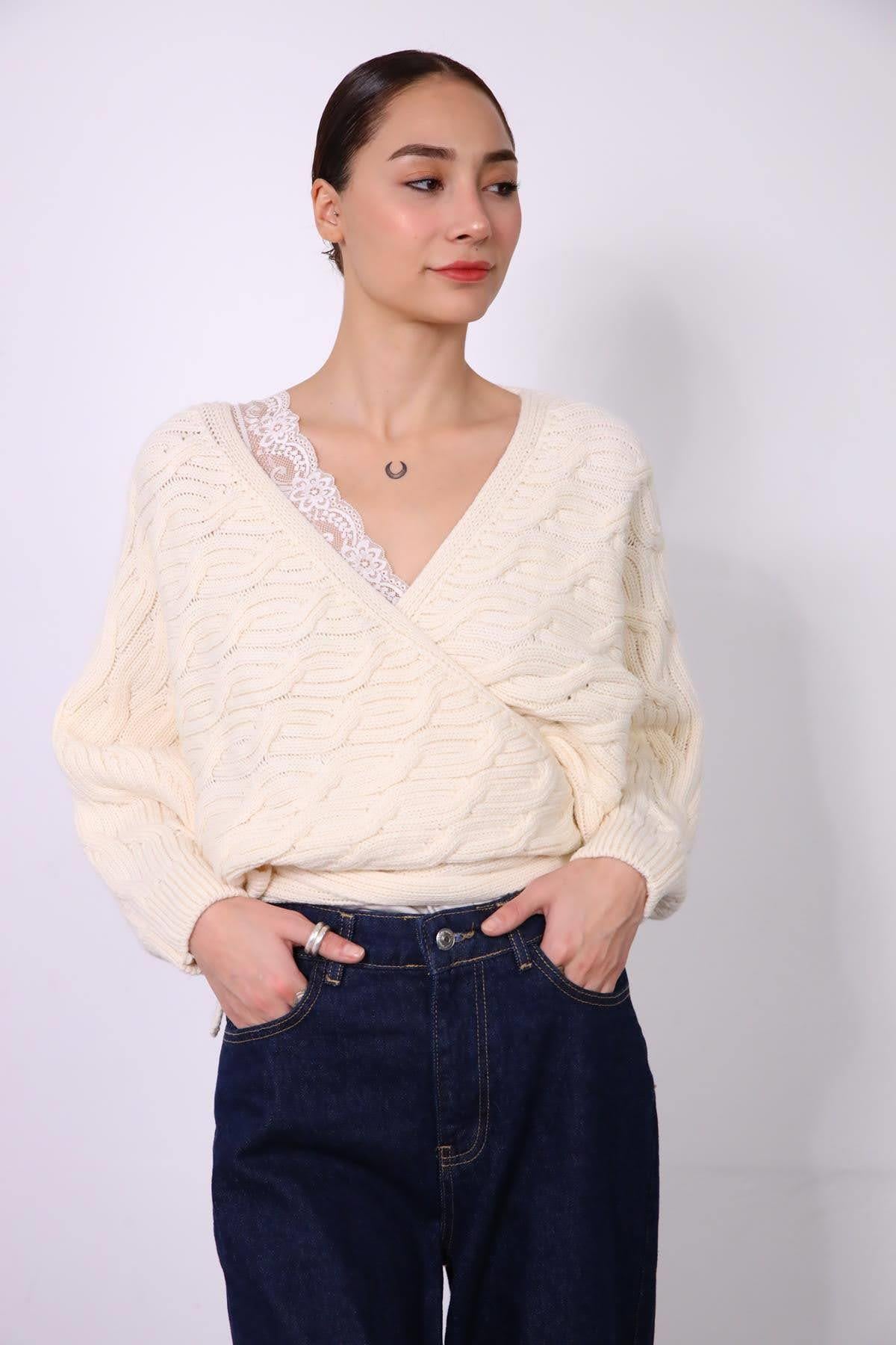 Krem Rengi Altı Bağlamalı Örgü Hırka - Şaman Butik Krem Rengi Altı Bağlamalı Örgü Hırka