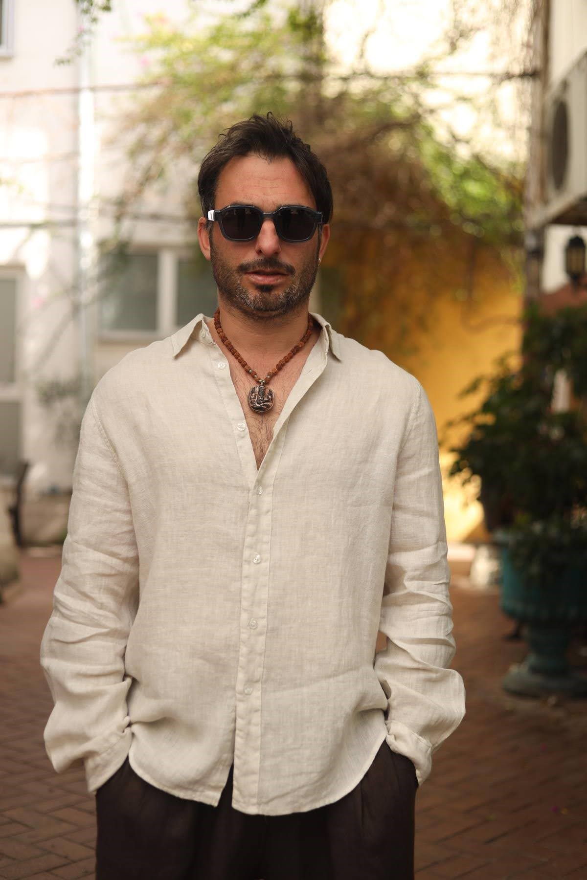 Krem Rengi Klasik Keten Erkek Gömlek
