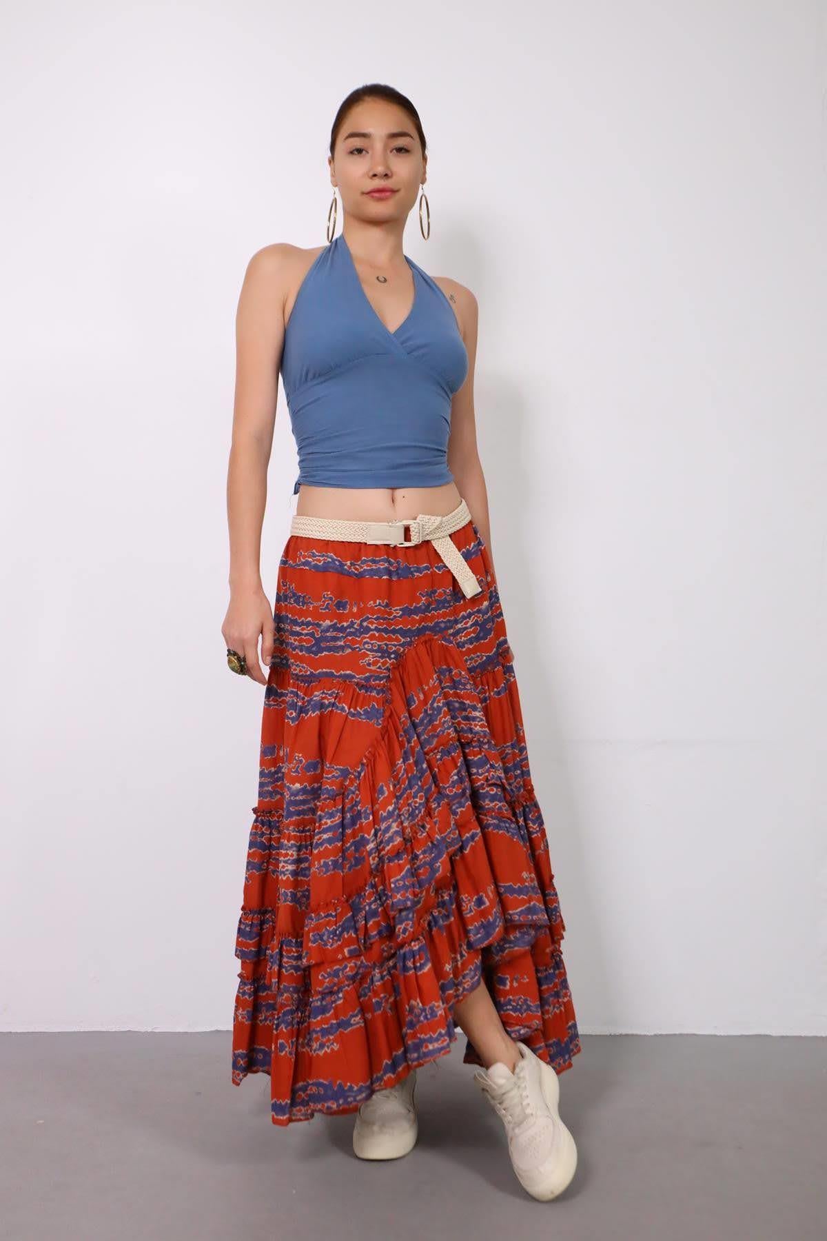 Kiremit Rengi Desenli Karmen Etek - Şaman Butik Kiremit Rengi Desenli Karmen Etek