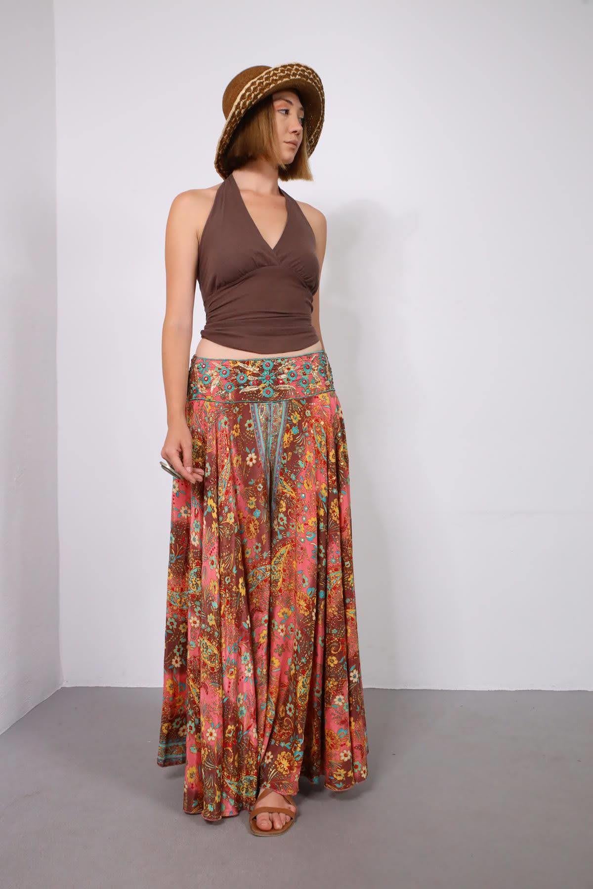 Mint Yeşili Beli Gipeli Nakışlı İpek Pantolon Etek - Şaman Butik Mint Yeşili Beli Gipeli Nakışlı İpek Pantolon Etek