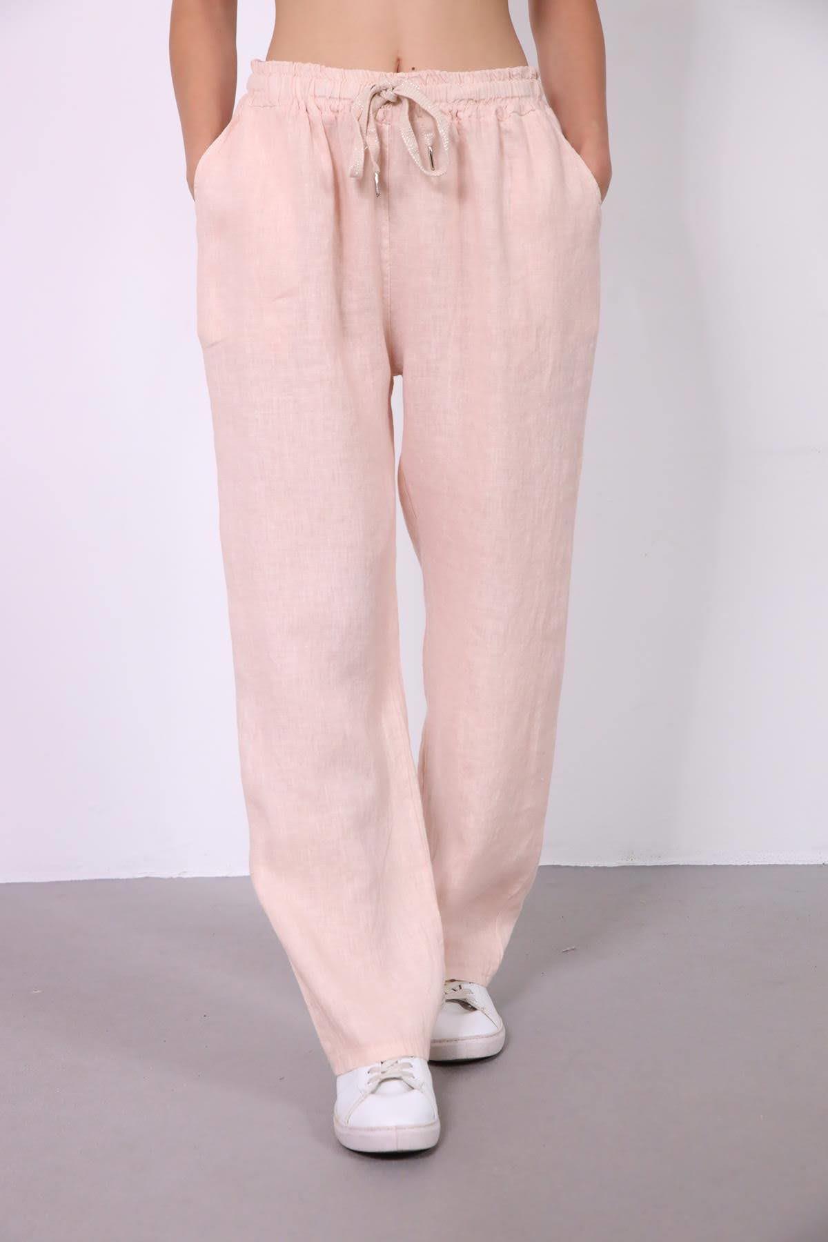  Pudra Pembe Boru Paça Keten Pantolon