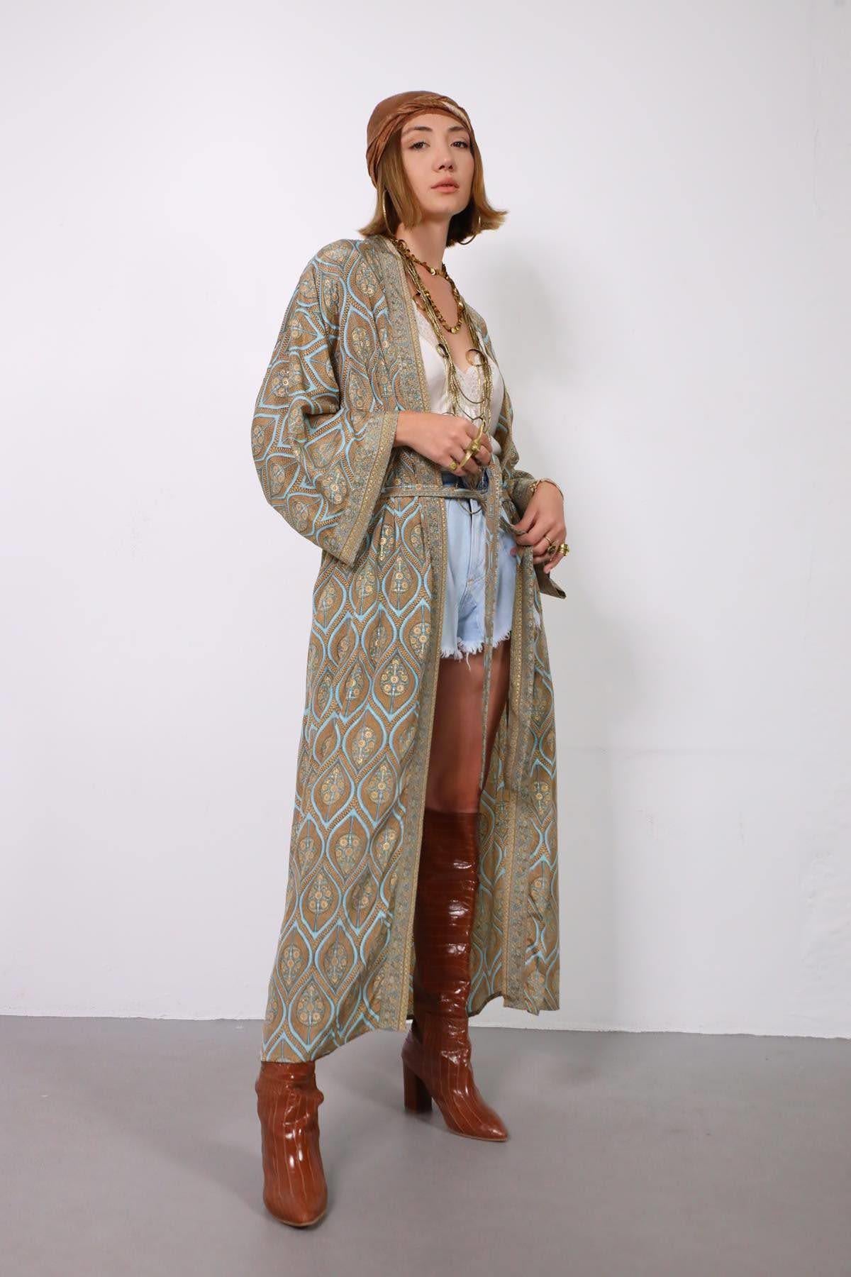 Gold Rengi Şal Desenli Kaftan - Şaman Butik Gold Rengi Şal Desenli Kaftan