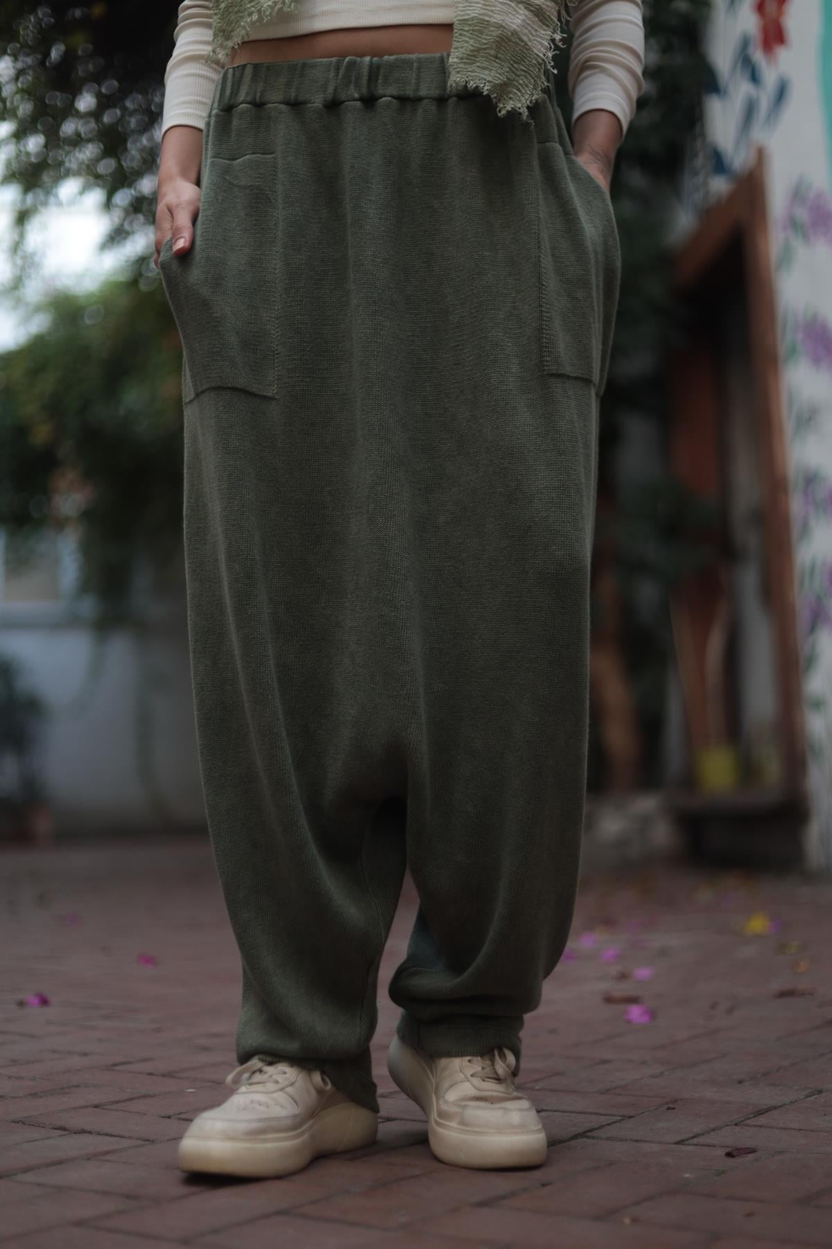 Haki Yıkamalı Triko Şalvar