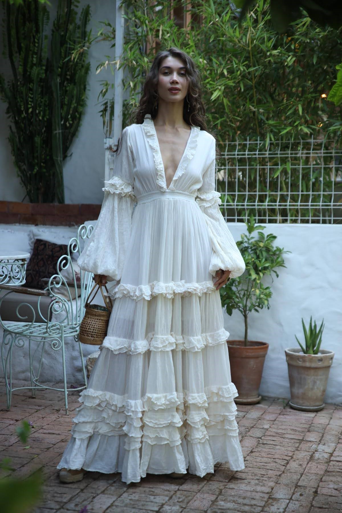 Ecru V Neck Balloon Sleeve Dress