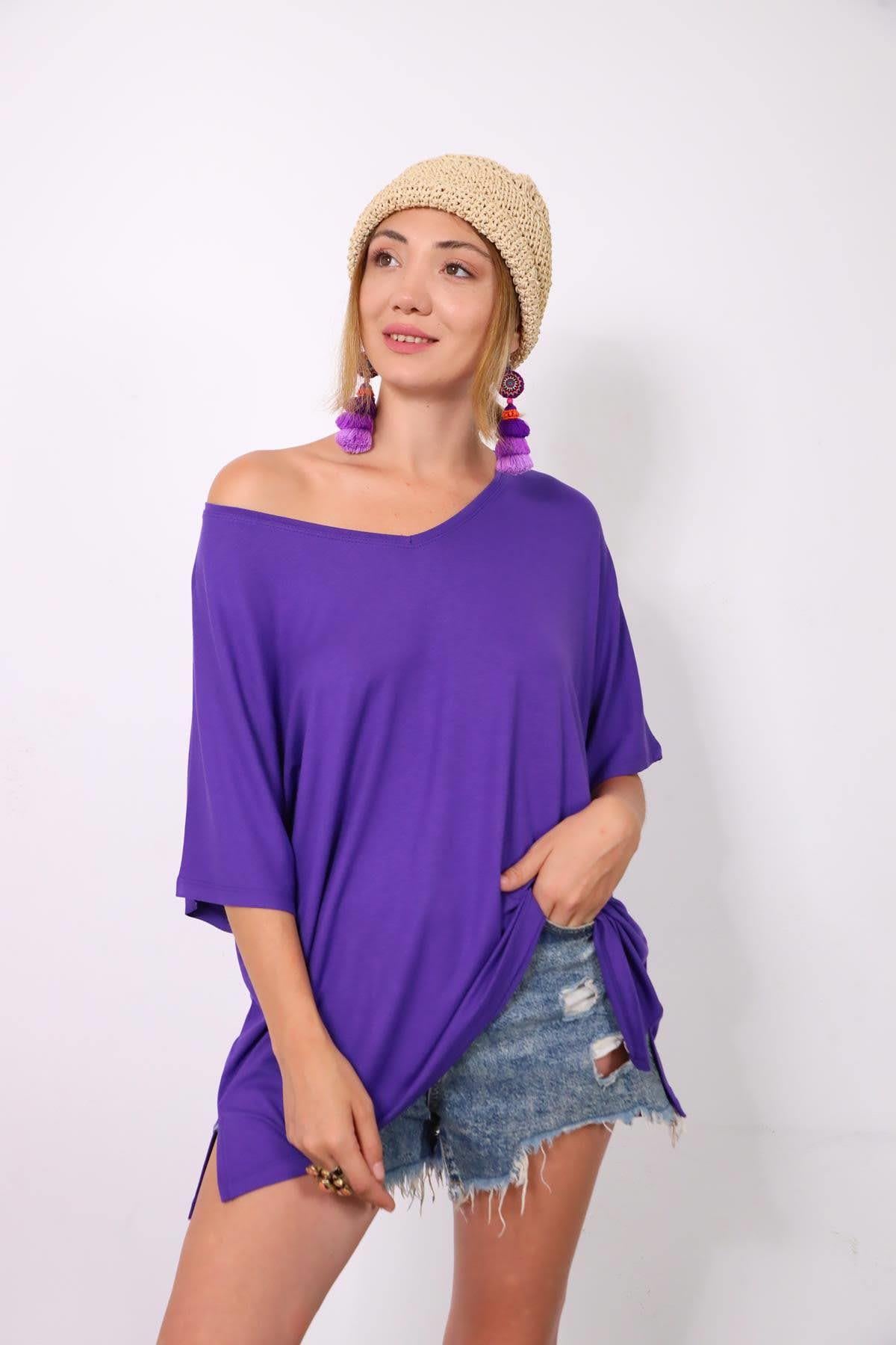 Mor V Yaka Yarasa Kol Bluz - Şaman Butik - Bohem Giyim ve Aksesuar | Kadın & Erkek Mor V Yaka Yarasa Kol Bluz