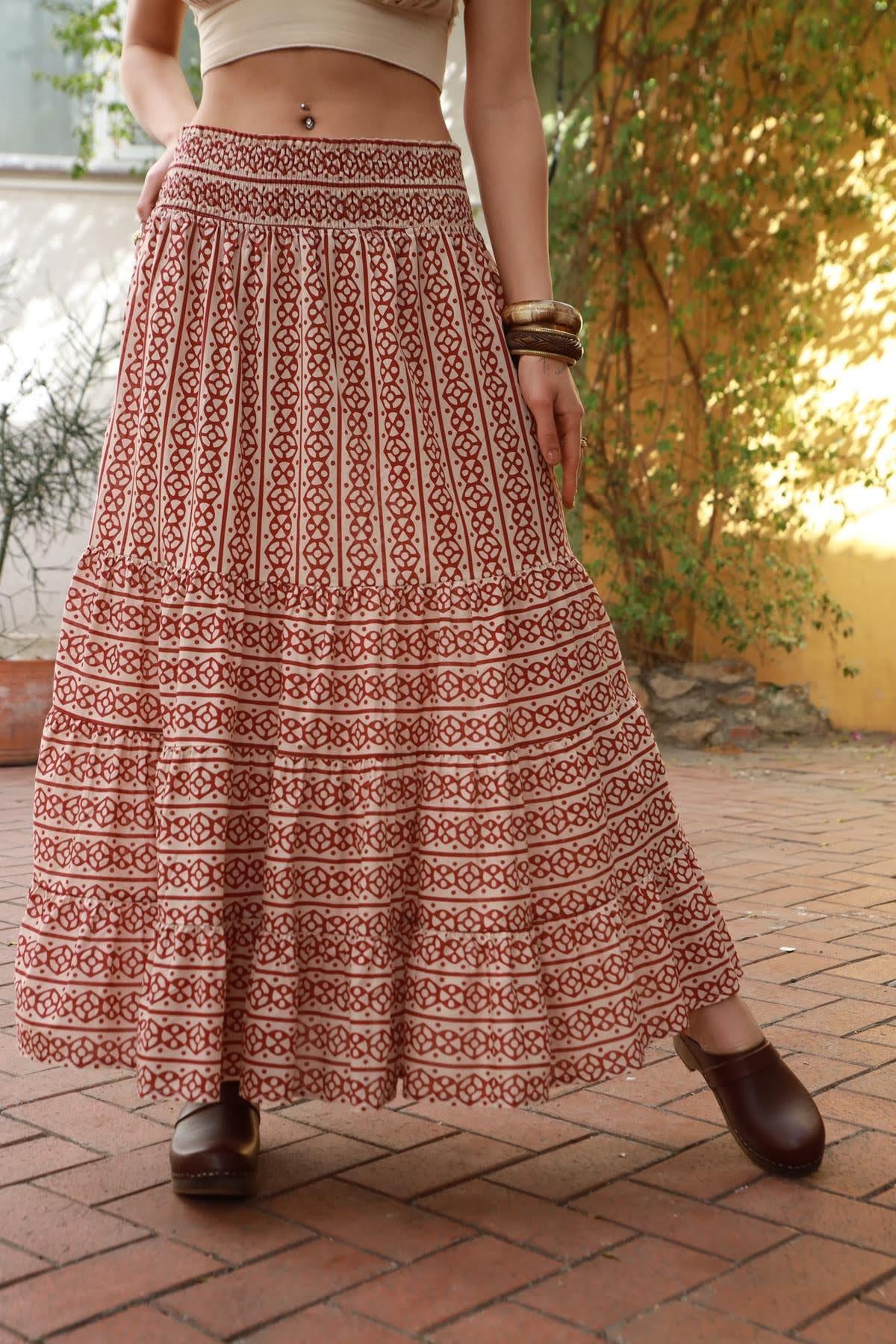 Bordo Desenli Beli Lastikli Volanlı Etek