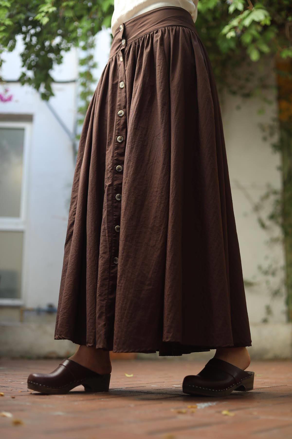 Kahverengi Düğmeli Salaş Etek