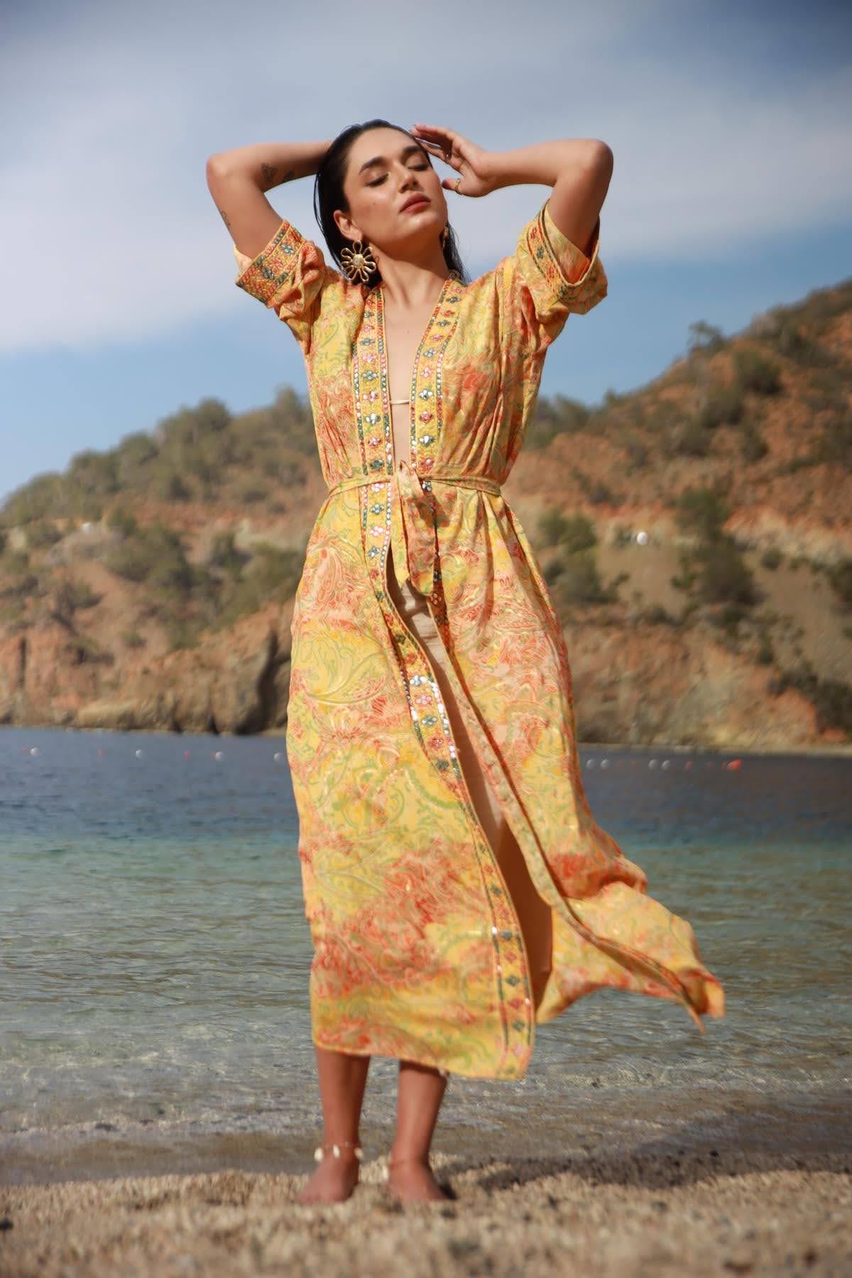 Sarı Ayna İşlemeli Otantik İpek Kimono