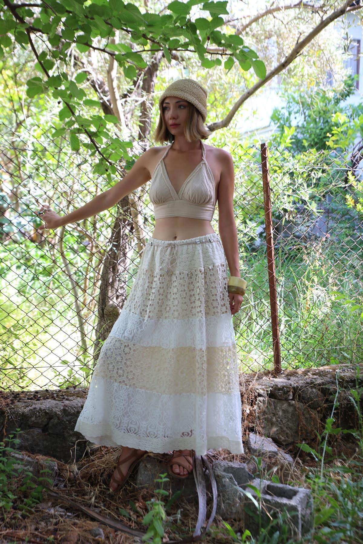 Krem Rengi Kemer Detaylı Otantik Beli Lastikli Dantel Etek - Şaman Butik Krem Rengi Kemer Detaylı Otantik Beli Lastikli Dantel Etek