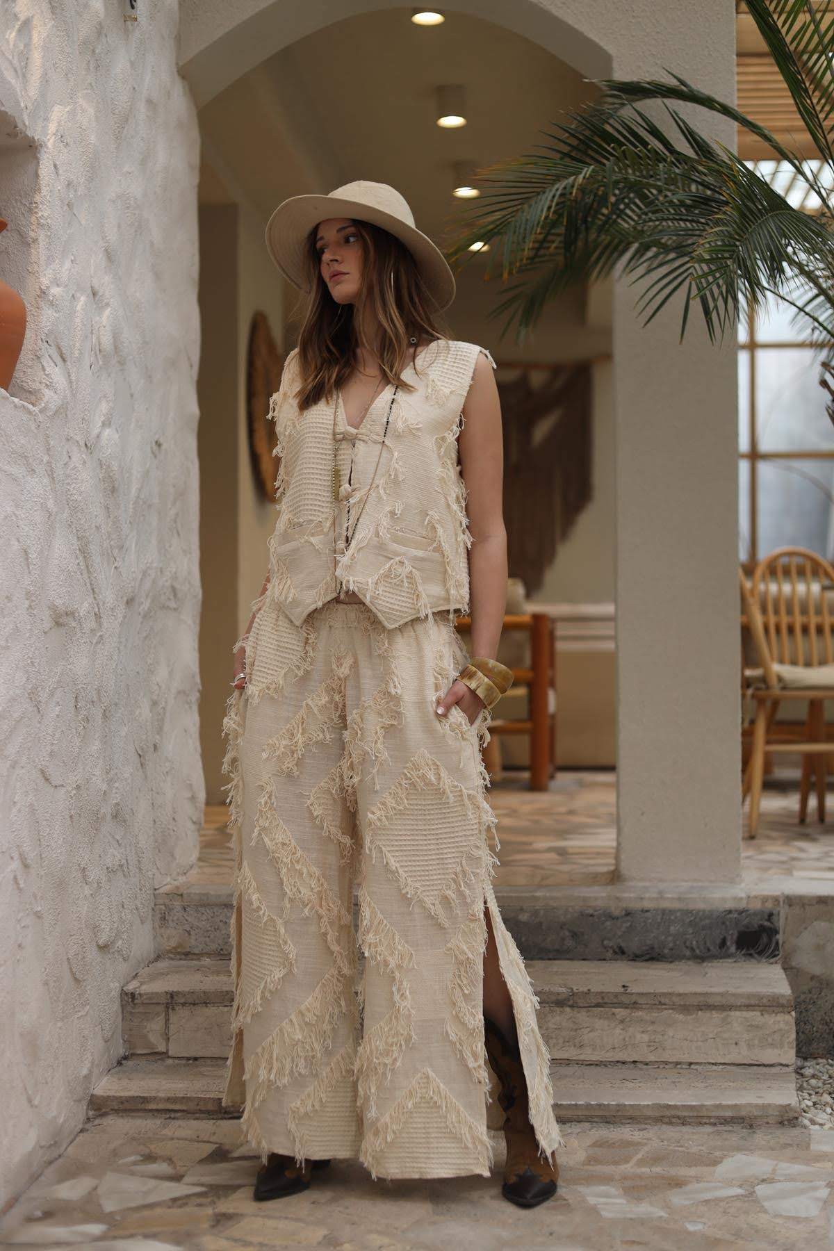 Cream Color Slit Fringed Pants