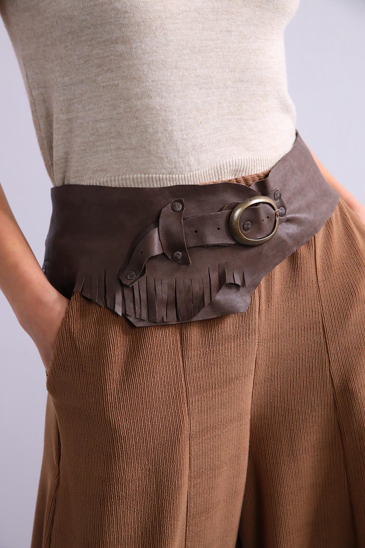 Acı Kahverengi Zımbalı Parçalı Deri Kemer - Şaman Butik Acı Kahverengi Zımbalı Parçalı Deri Kemer