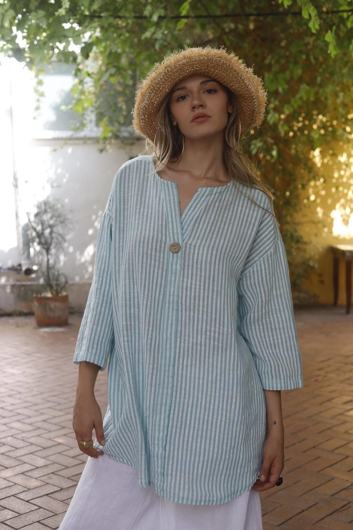 Sea Green Striped Single Button Tunic