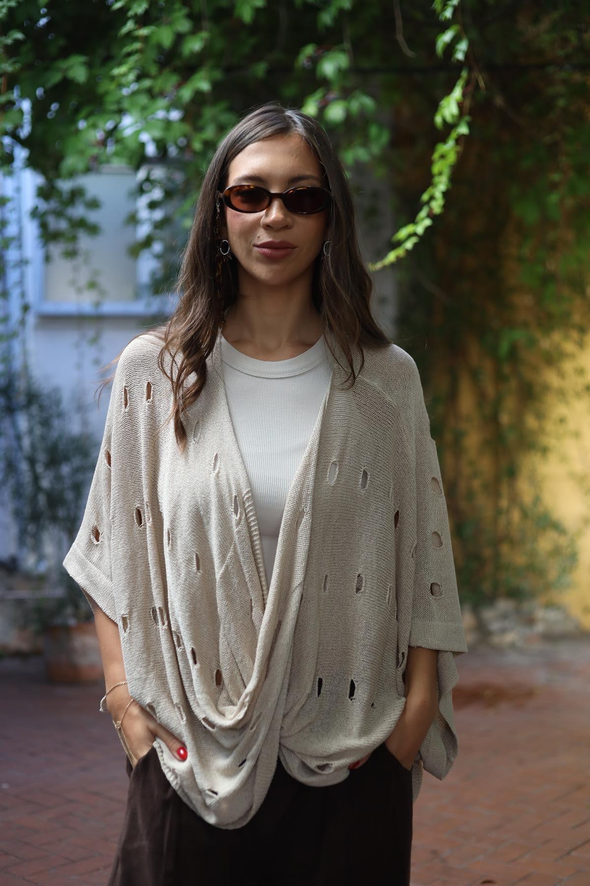 Taş Rengi Delikli Önü Çapraz Tunik