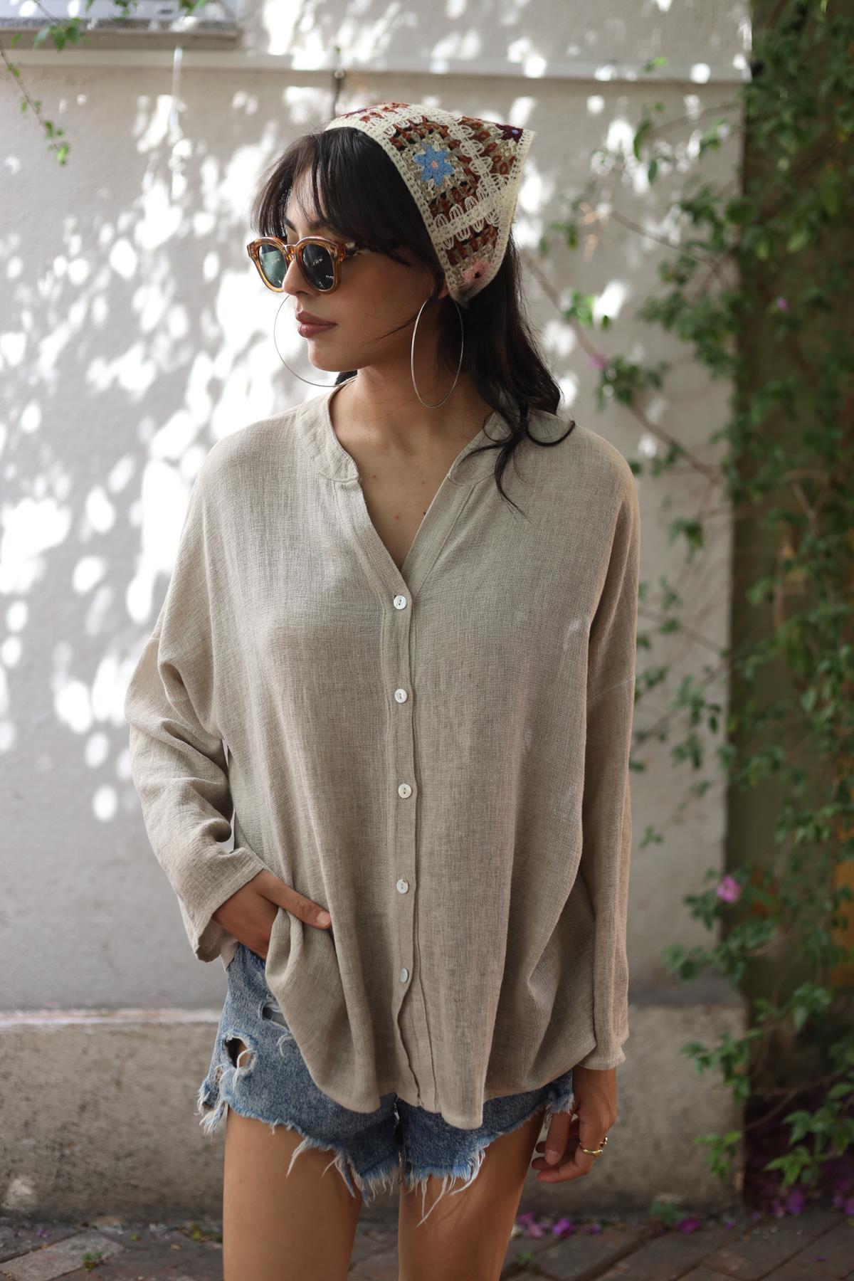 Cream Color Mandarin Collar Soft Linen Shirt