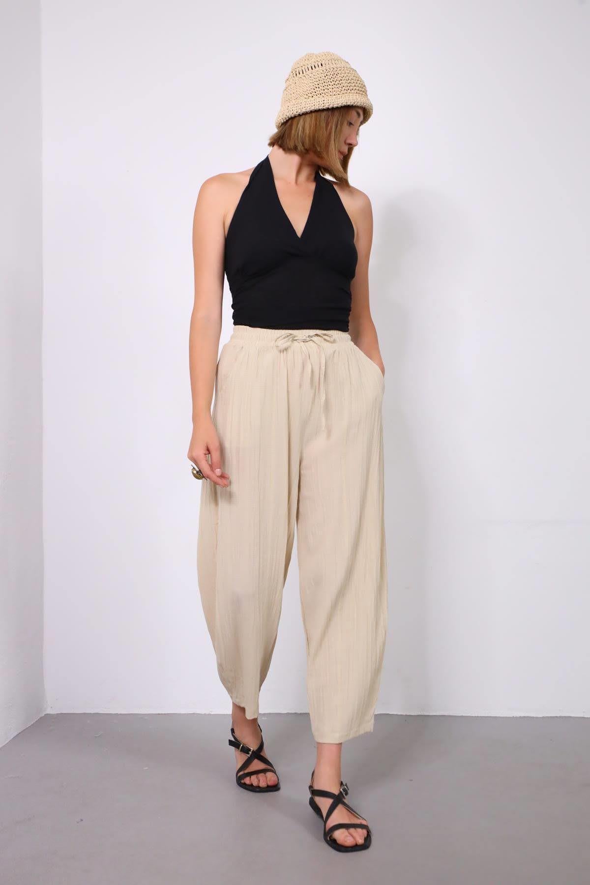 Krem Rengi Gofre Pantolon - Şaman Butik Krem Rengi Gofre Pantolon