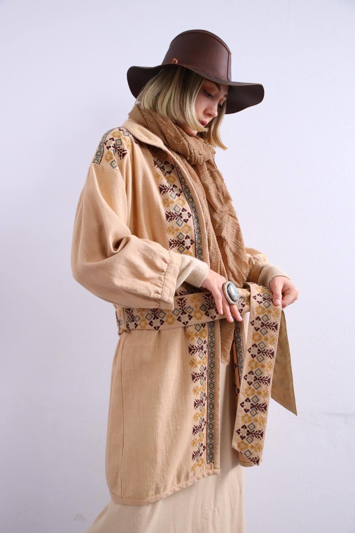  Camel Rengi Etnik Desenli Bohem Ceket