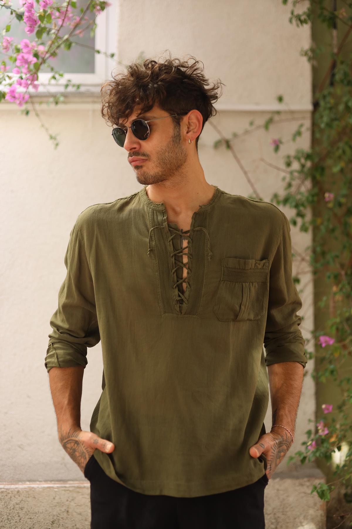 Khaki Lace Up Collar Bohemian Shirt