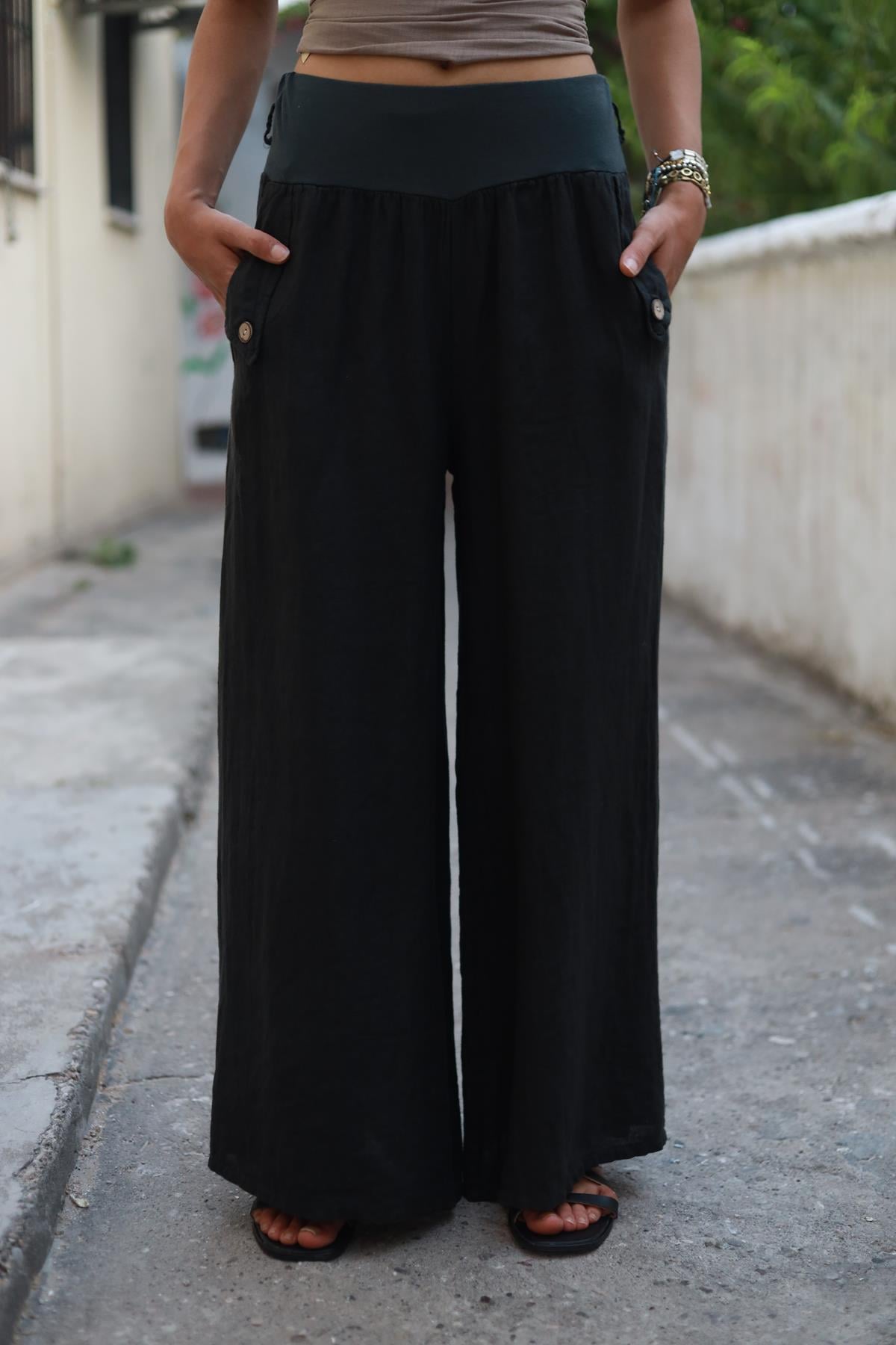 Antrasit Cebi Tek Düğmeli Salaş Keten Pantolon