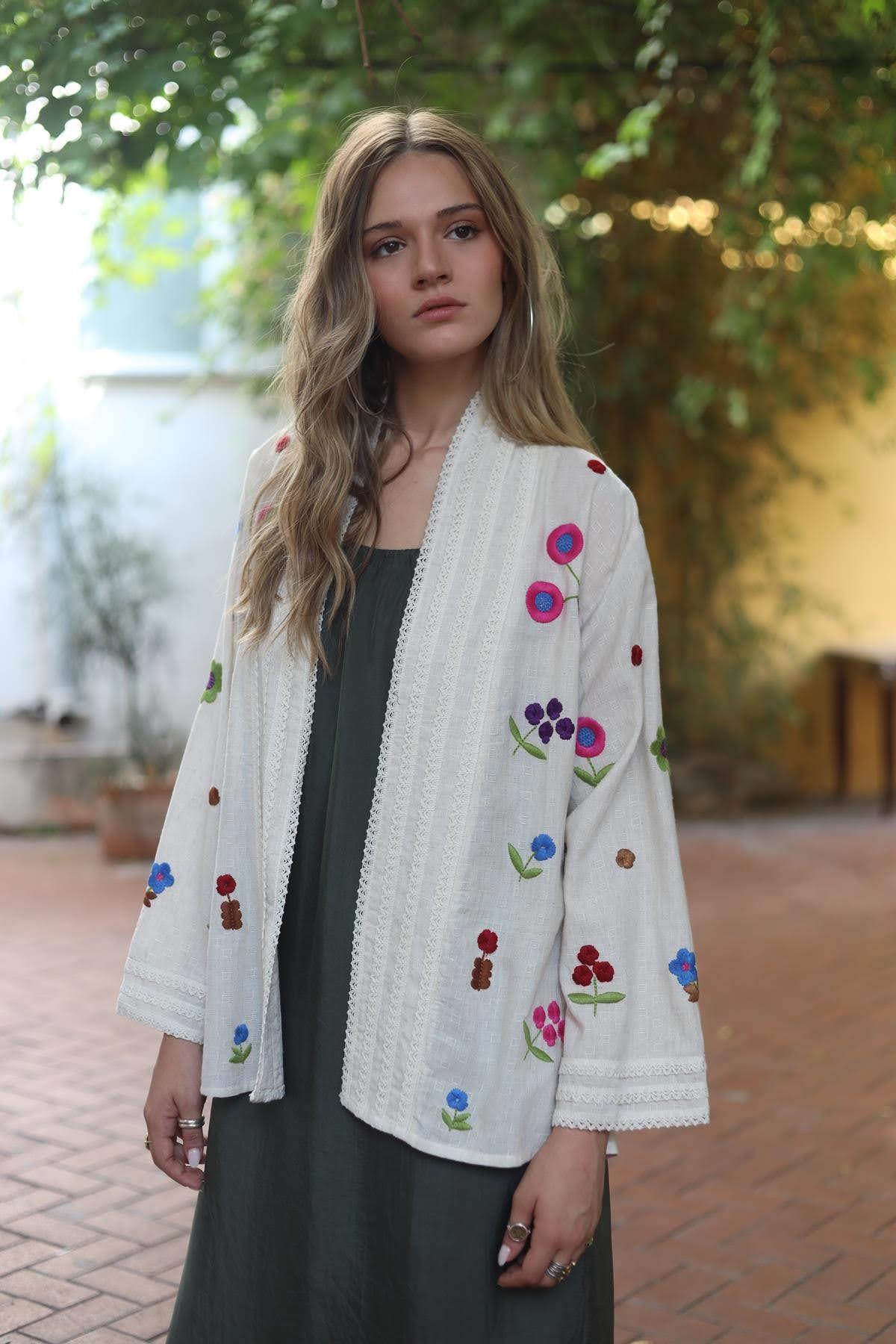 Cream Color Short Embroidered Caftan