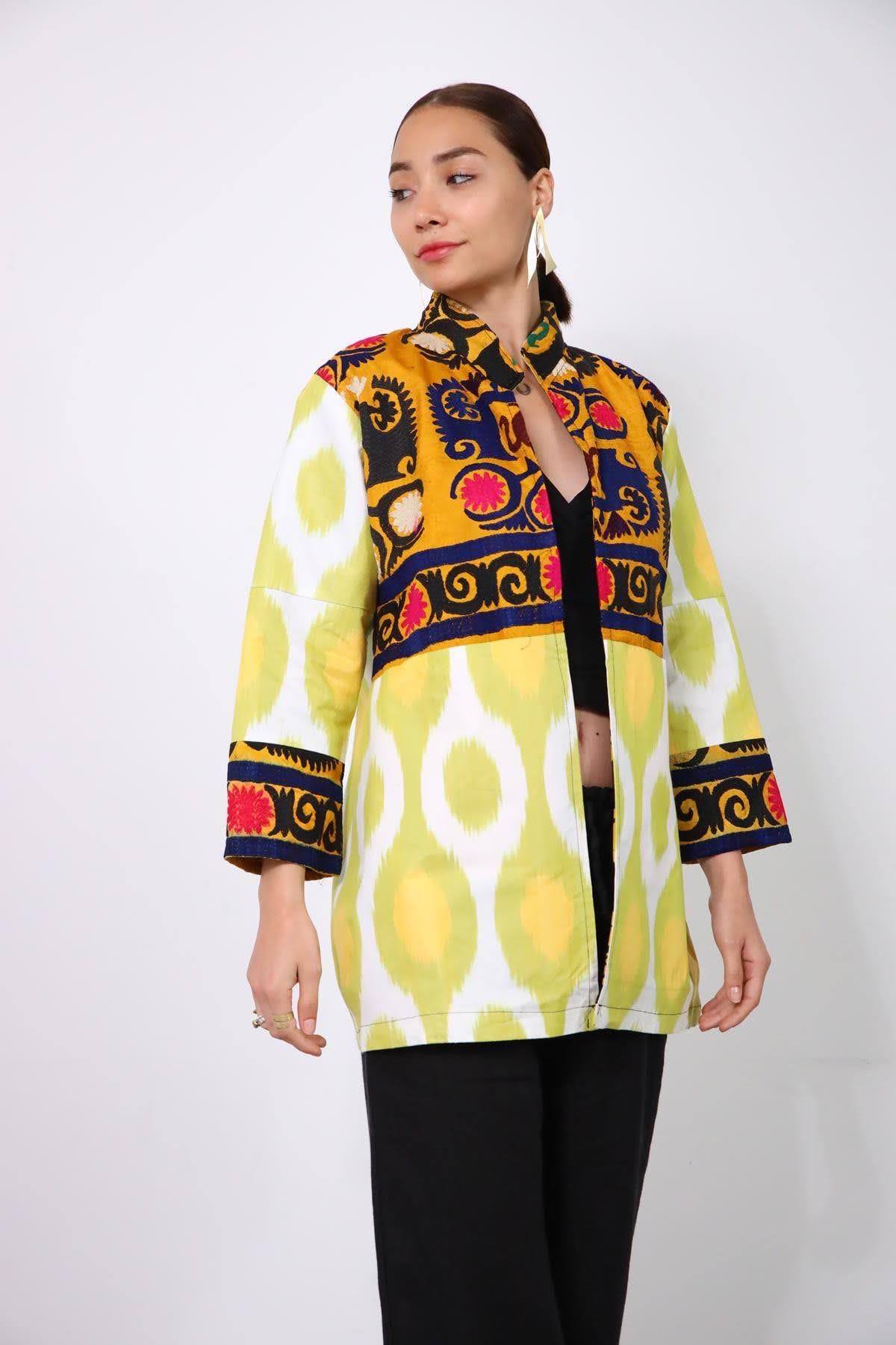 Fıstık Yeşili Suzani Kısa Kaftan - Şaman Butik Fıstık Yeşili Suzani Kısa Kaftan