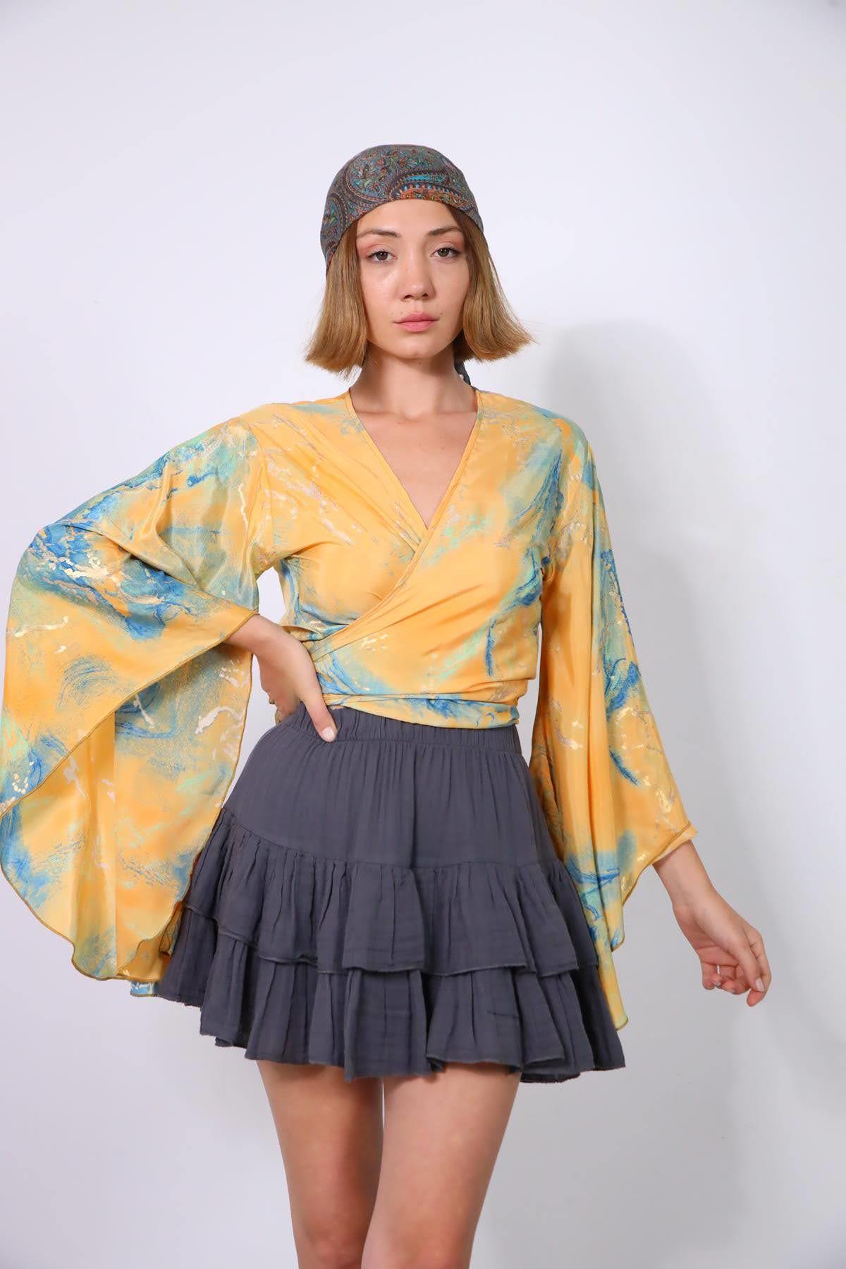  Mango Rengi Yarasa Kol İpek Bolero