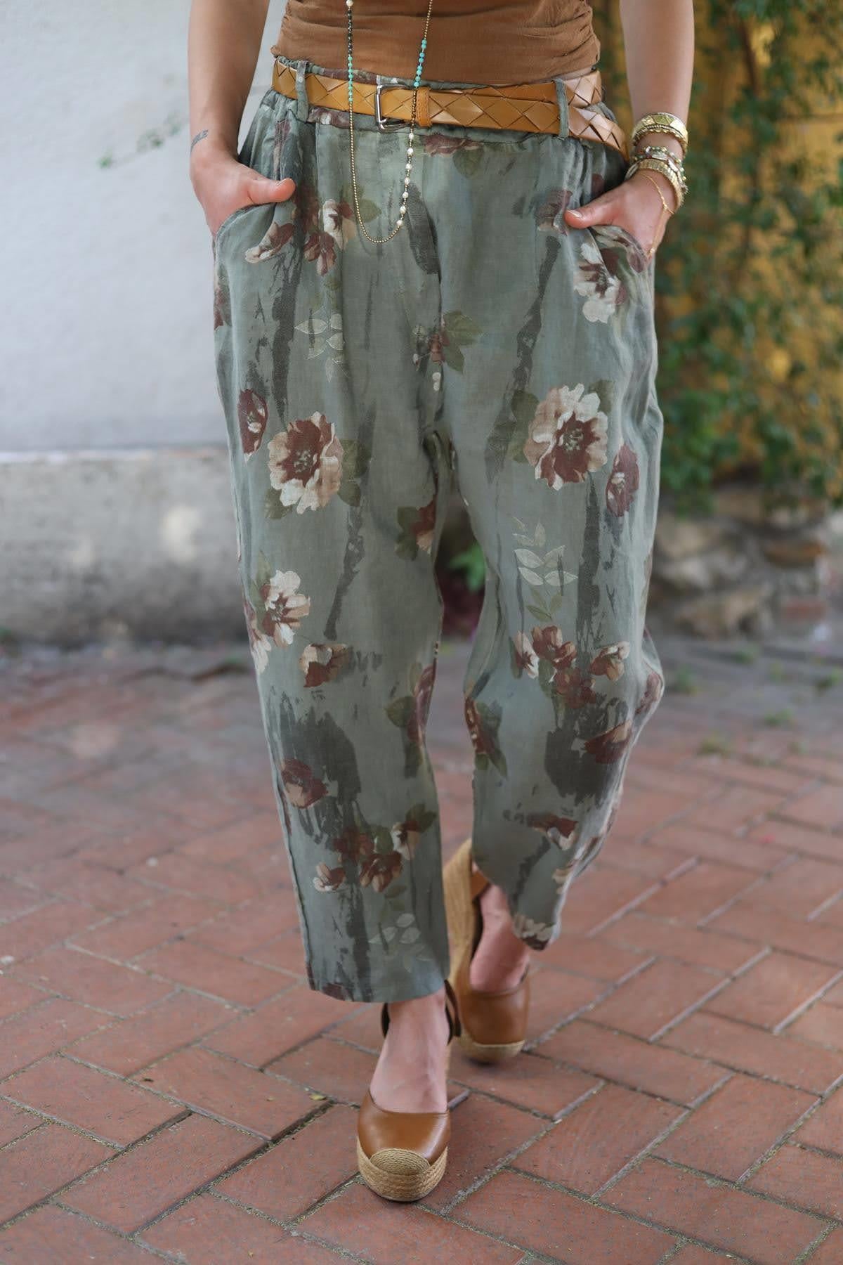 Khaki Floral Patterned Judith Trousers