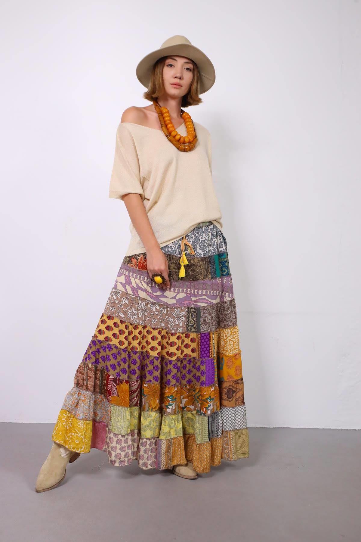 Renkli Patchwork Otantik İpek Etek - Şaman Butik Renkli Patchwork Otantik İpek Etek