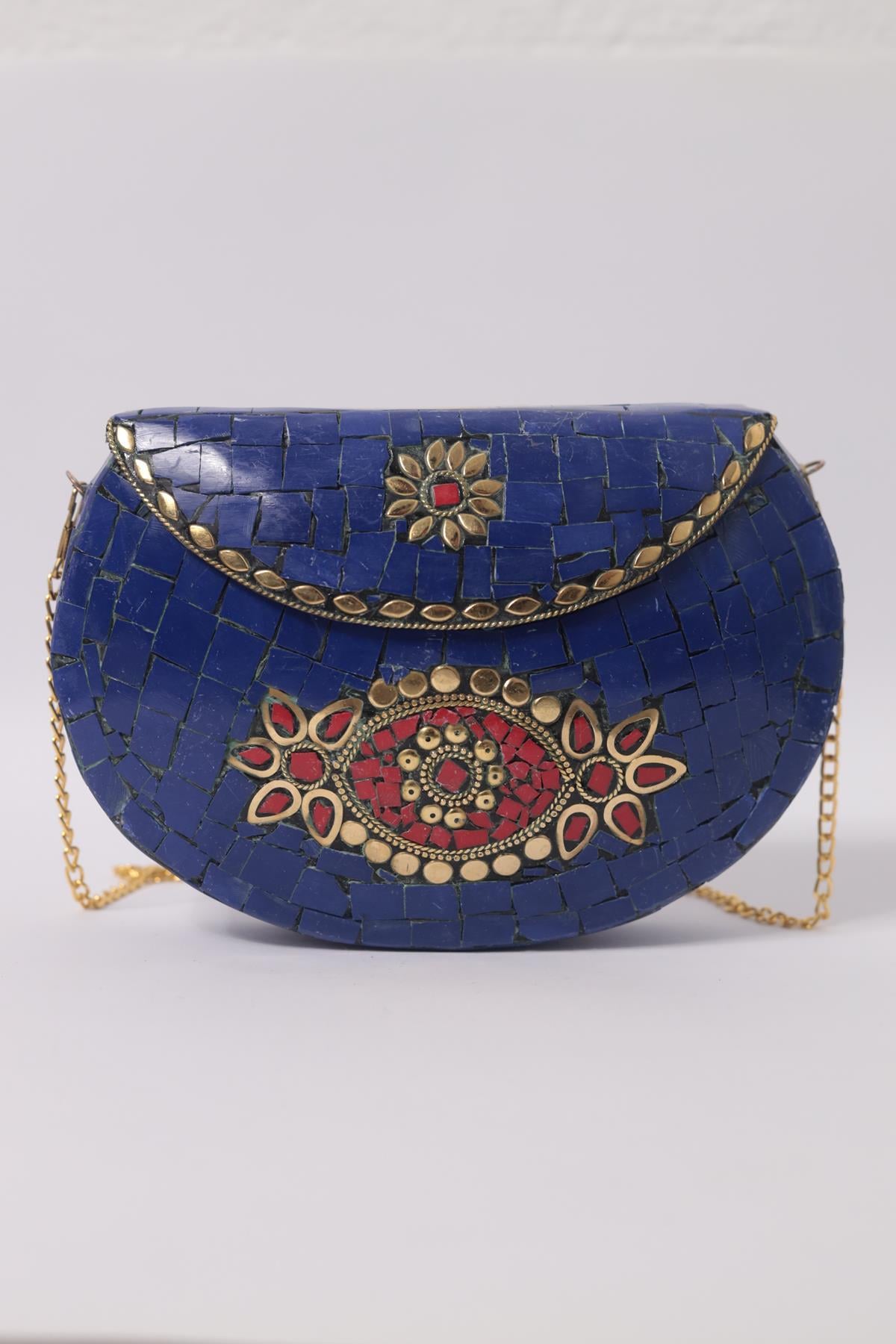 Saks Mavisi Taşlı Özel Tasarım Çanta