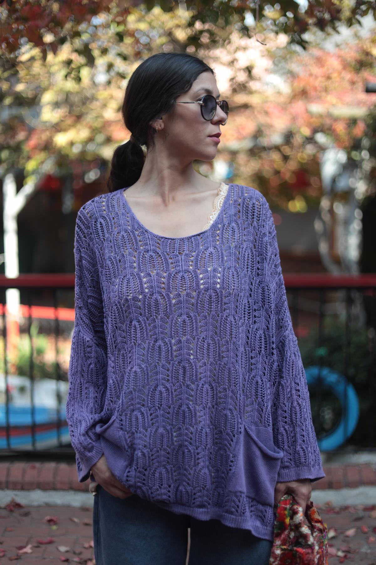 Mor Örgü Desenli Yıkama Triko Tunik