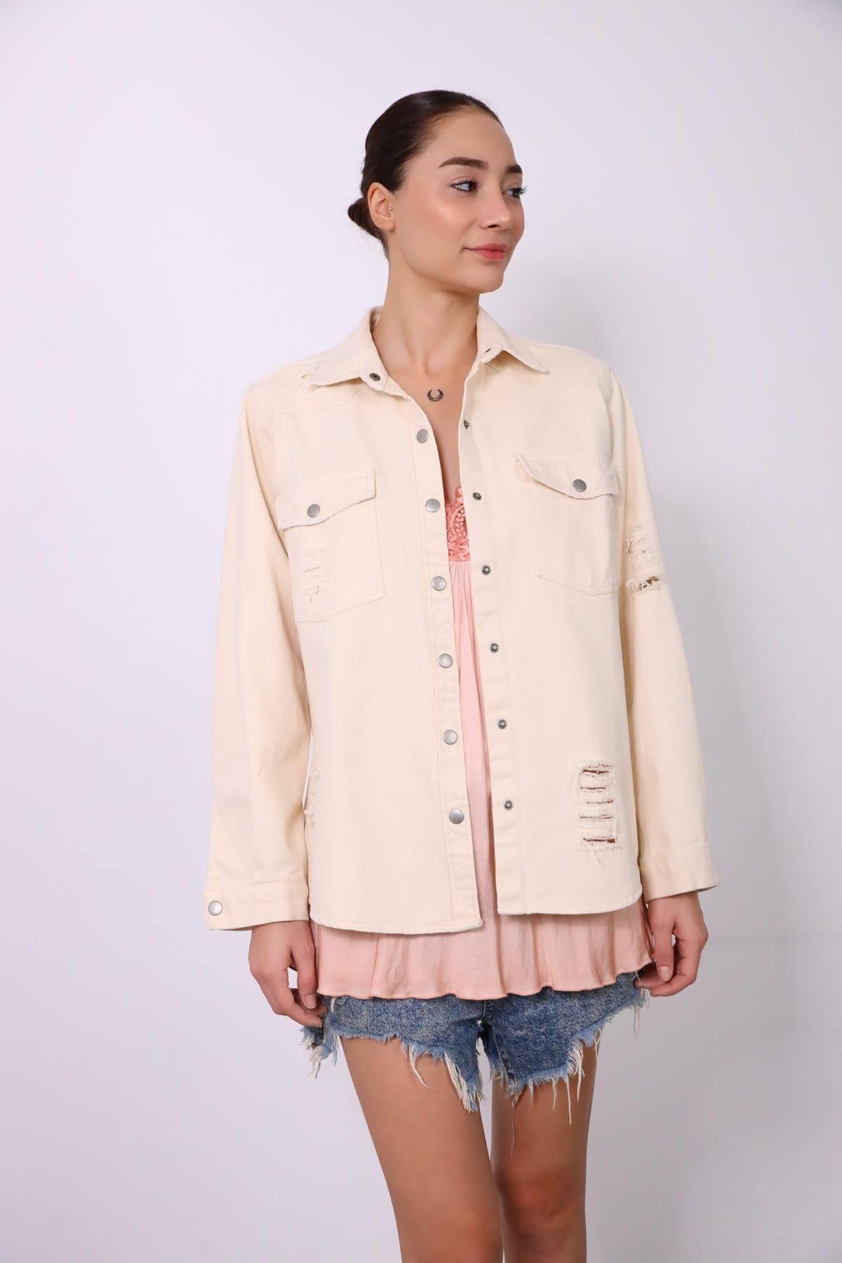Krem Rengi Yırtık Detaylı Kot Ceket - Şaman Butik - Bohem Giyim ve Aksesuar | Kadın & Erkek Krem Rengi Yırtık Detaylı Kot Ceket