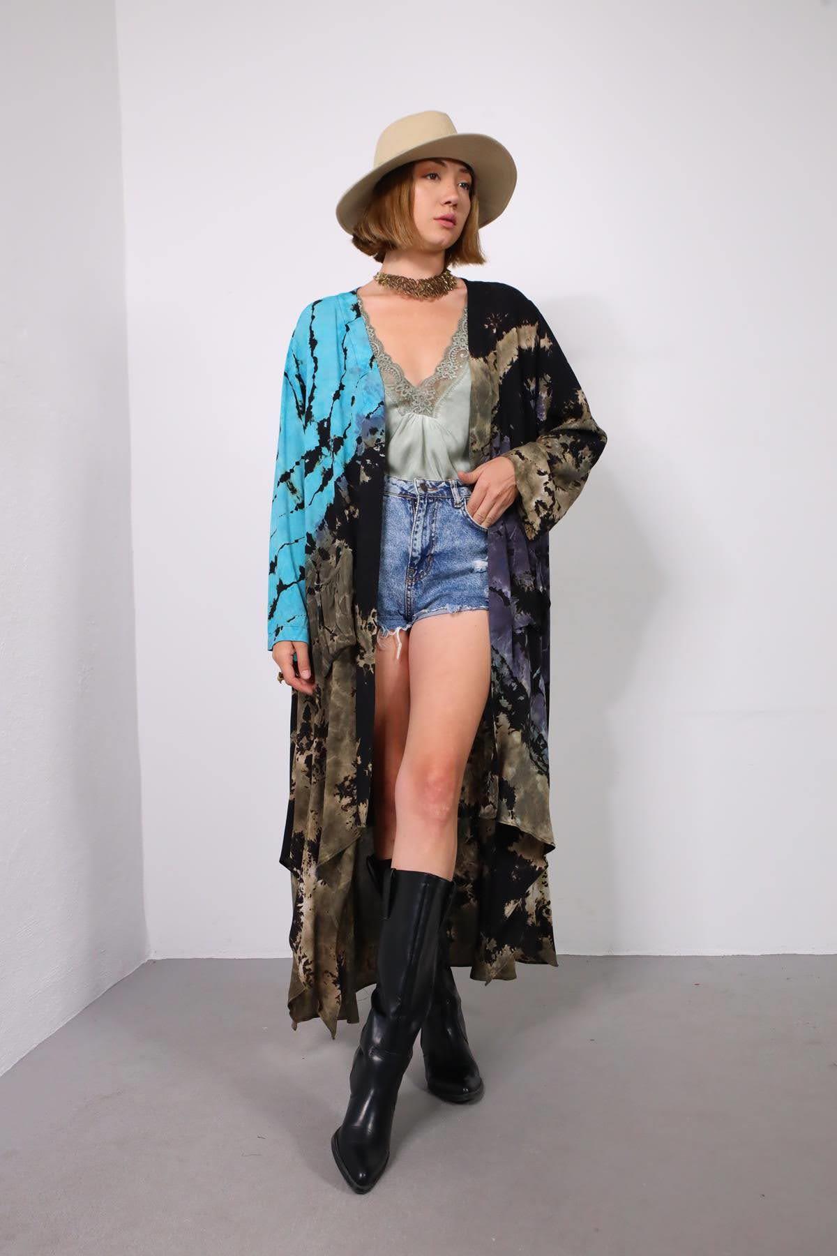 Black Tie Dye Pattern Pocket Design Caftan - Saman Butik | Shop Online Black Tie Dye Pattern Pocket Design Caftan