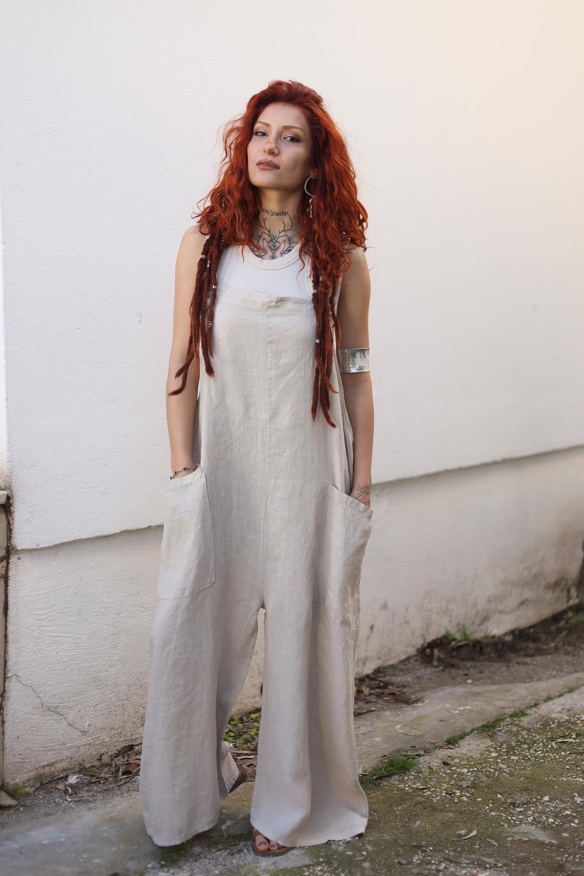 Krem Rengi Düğmeli Keten Salopet Tulum