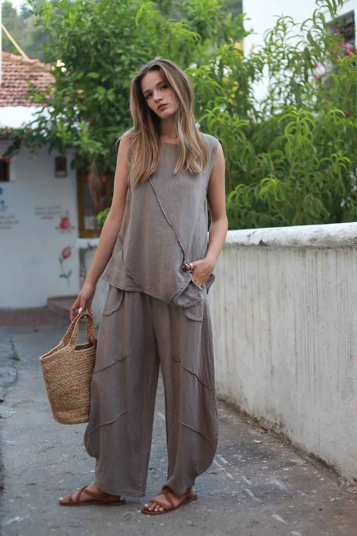 Vizon Rengi Asimetrik Dikişli Keten Bluz ve Pantolon Takım