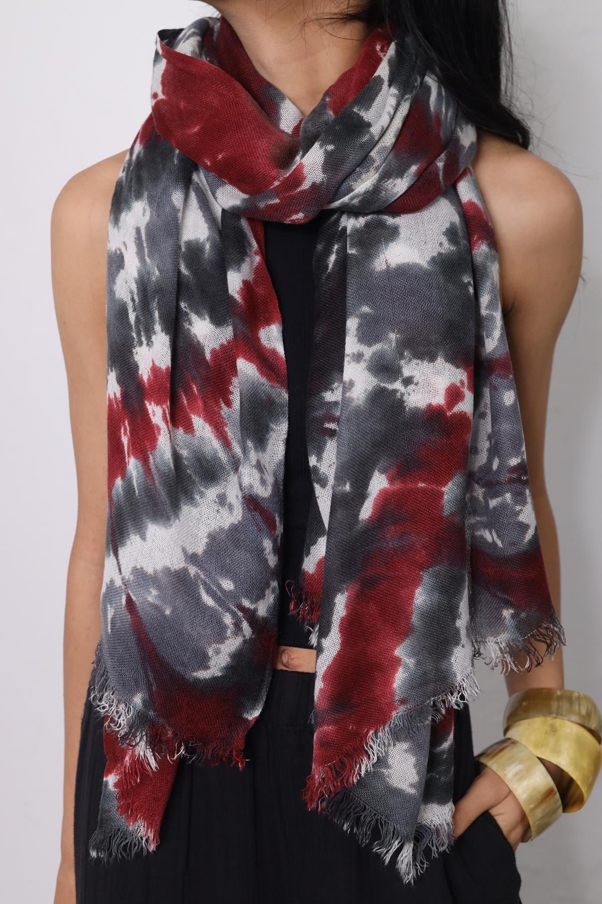 Bordo Batik Desenli Pamuk Şal