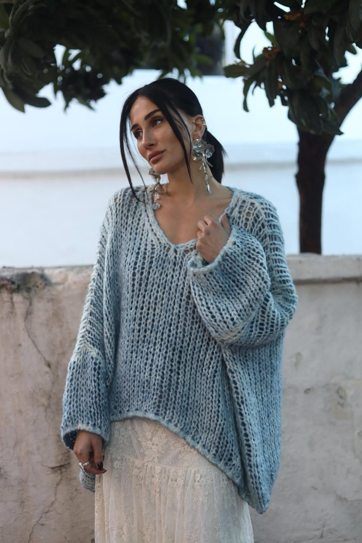 Blue Openwork Oversize Pullover