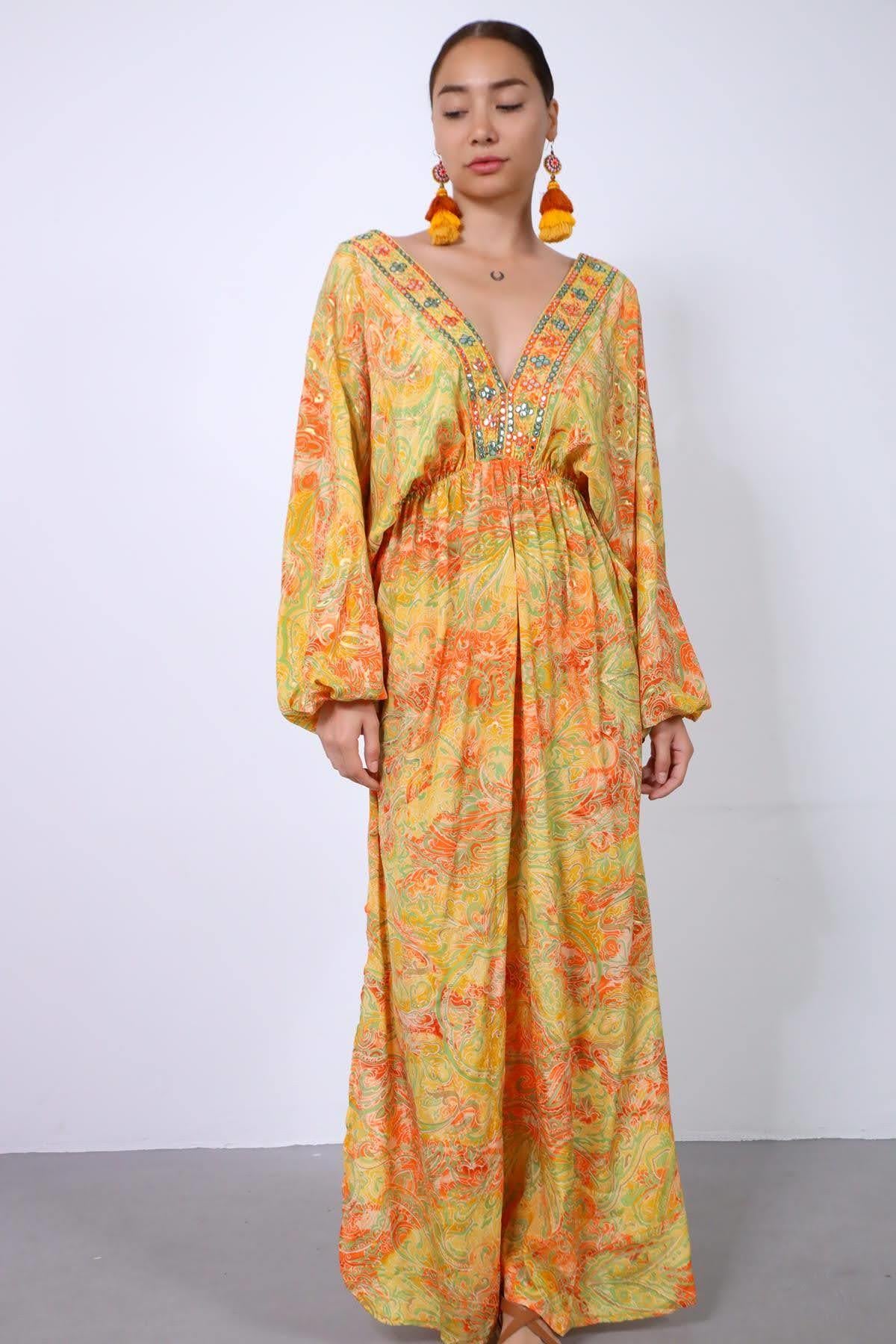 Sarı Önü Arkası V Yaka Yırtmaçlı Otantik İpek Elbise - Şaman Butik Sarı Önü Arkası V Yaka Yırtmaçlı Otantik İpek Elbise