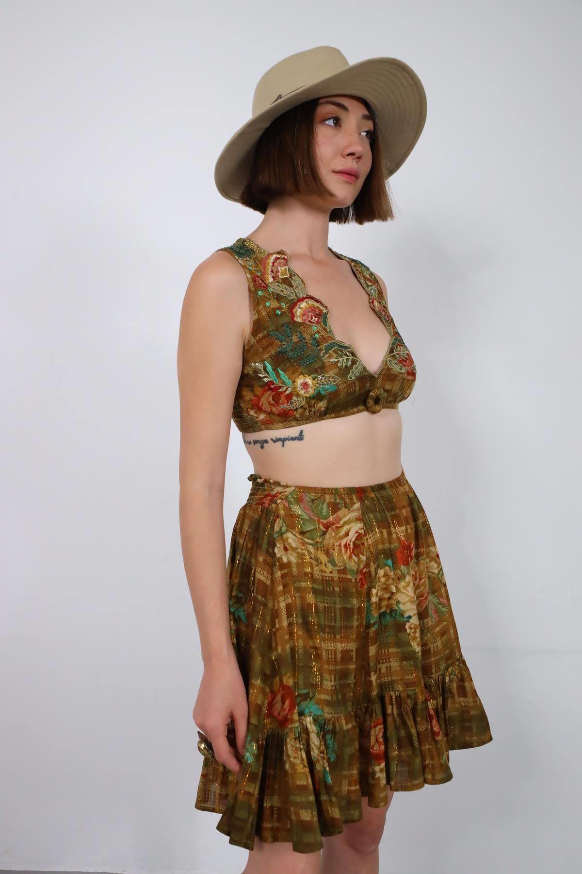 Kahverengi Gipeli Otantik İşlemeli Bluz ve Etek Takım - Şaman Butik Kahverengi Gipeli Otantik İşlemeli Bluz ve Etek Takım