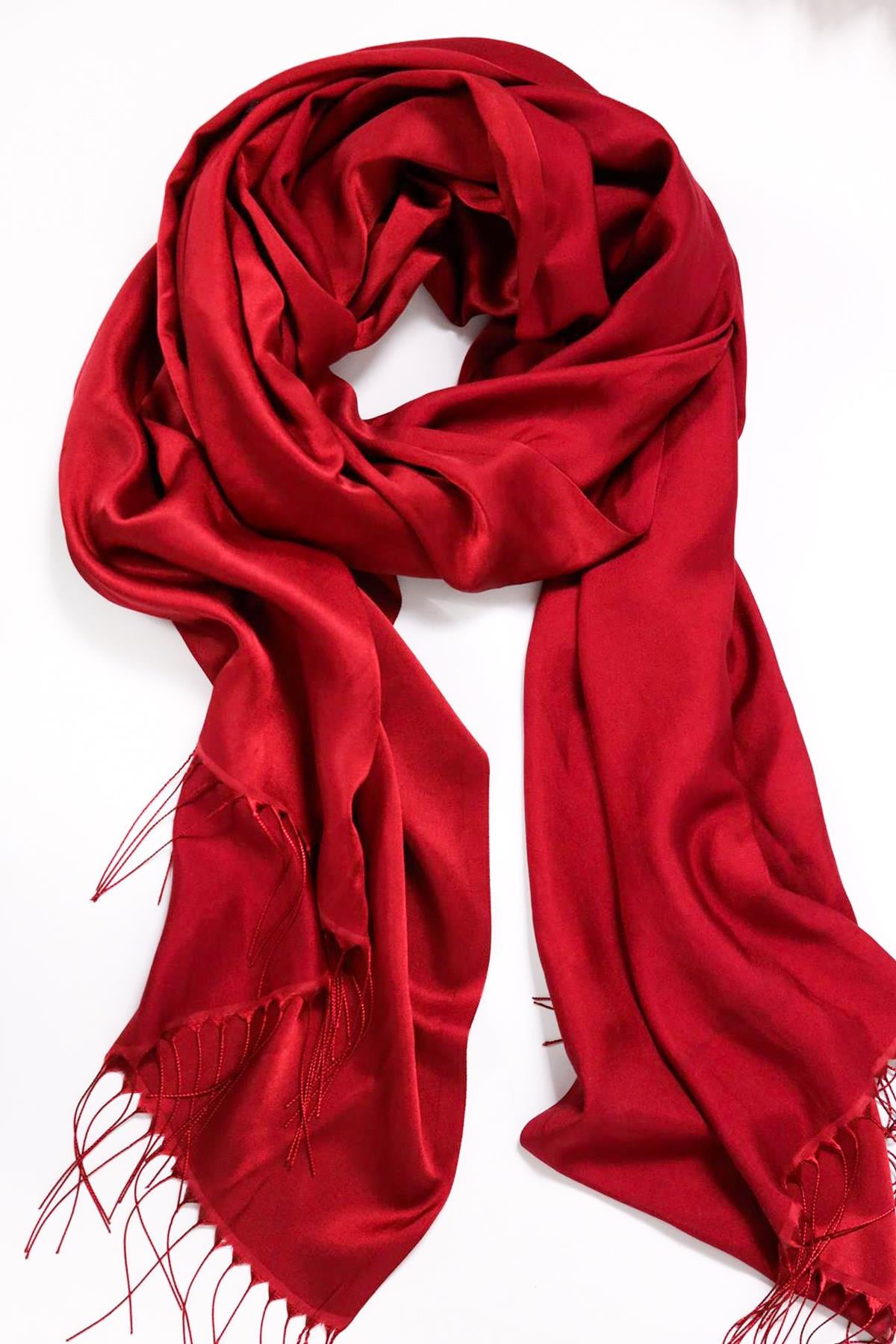 Bordo Püsküllü İpek Şal - Şaman Butik Bordo Püsküllü İpek Şal