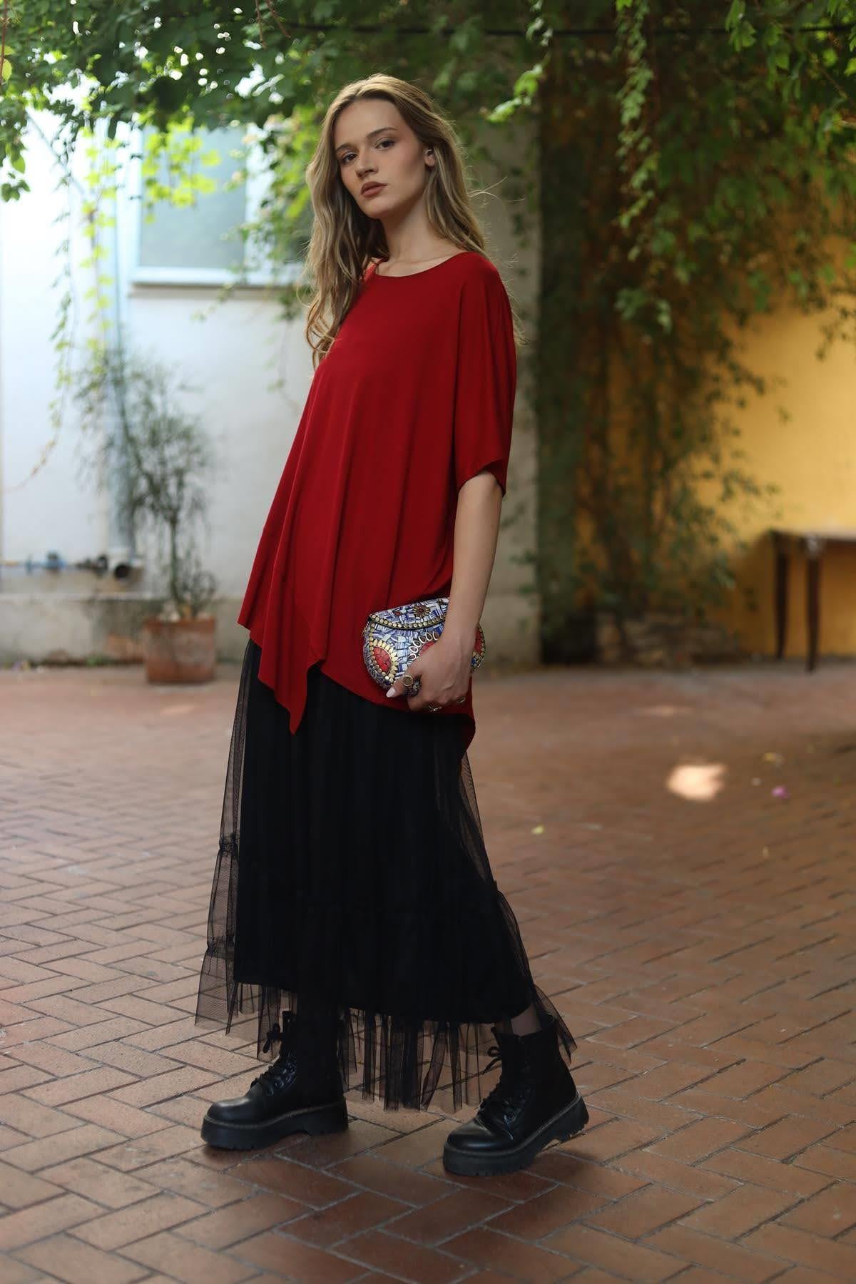 Burgundy Patched Hem Blouse