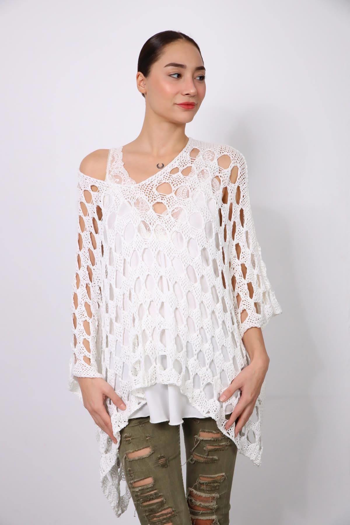 Beyaz Salaş File Örgü Kazak - Şaman Butik Beyaz Salaş File Örgü Kazak