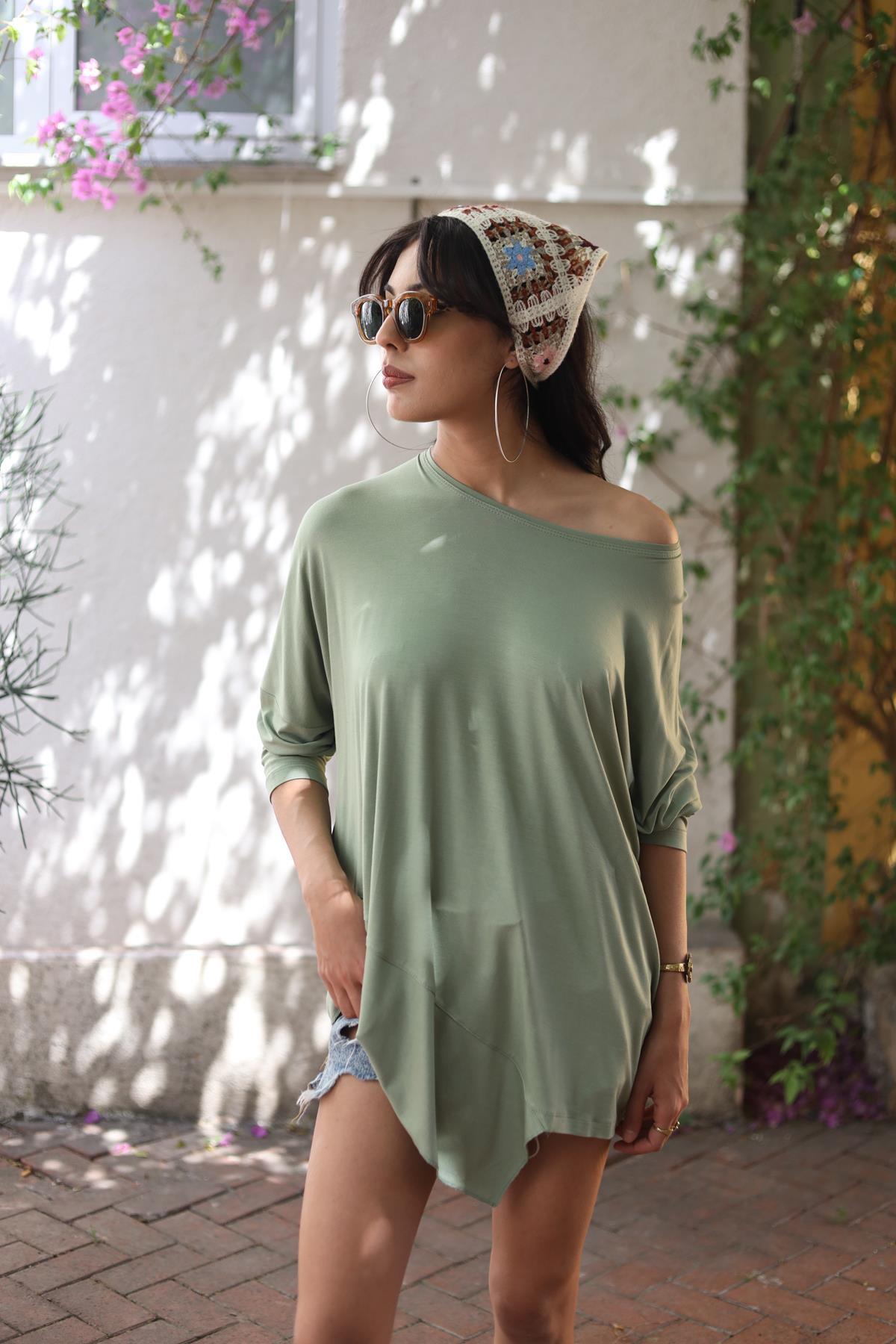 Green Patched Hem Blouse