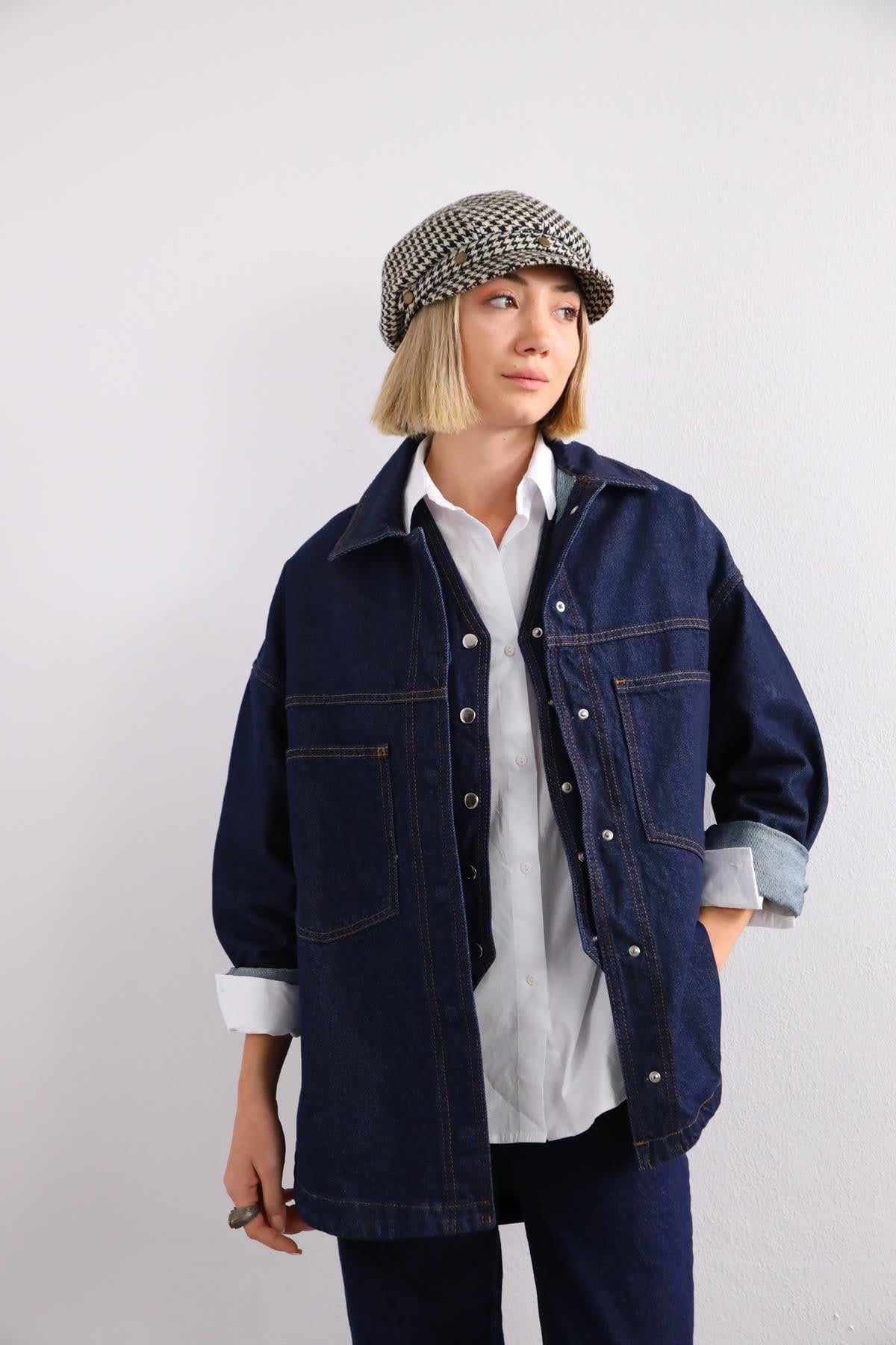 Lacivert Oversize Çift Cepli Gömlek - Şaman Butik Lacivert Oversize Çift Cepli Gömlek