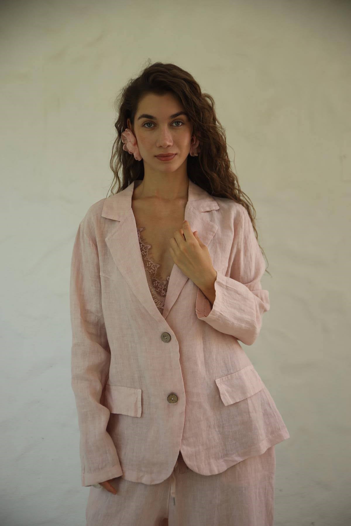 Pudra Pembe Sahte Cepli Keten Ceket