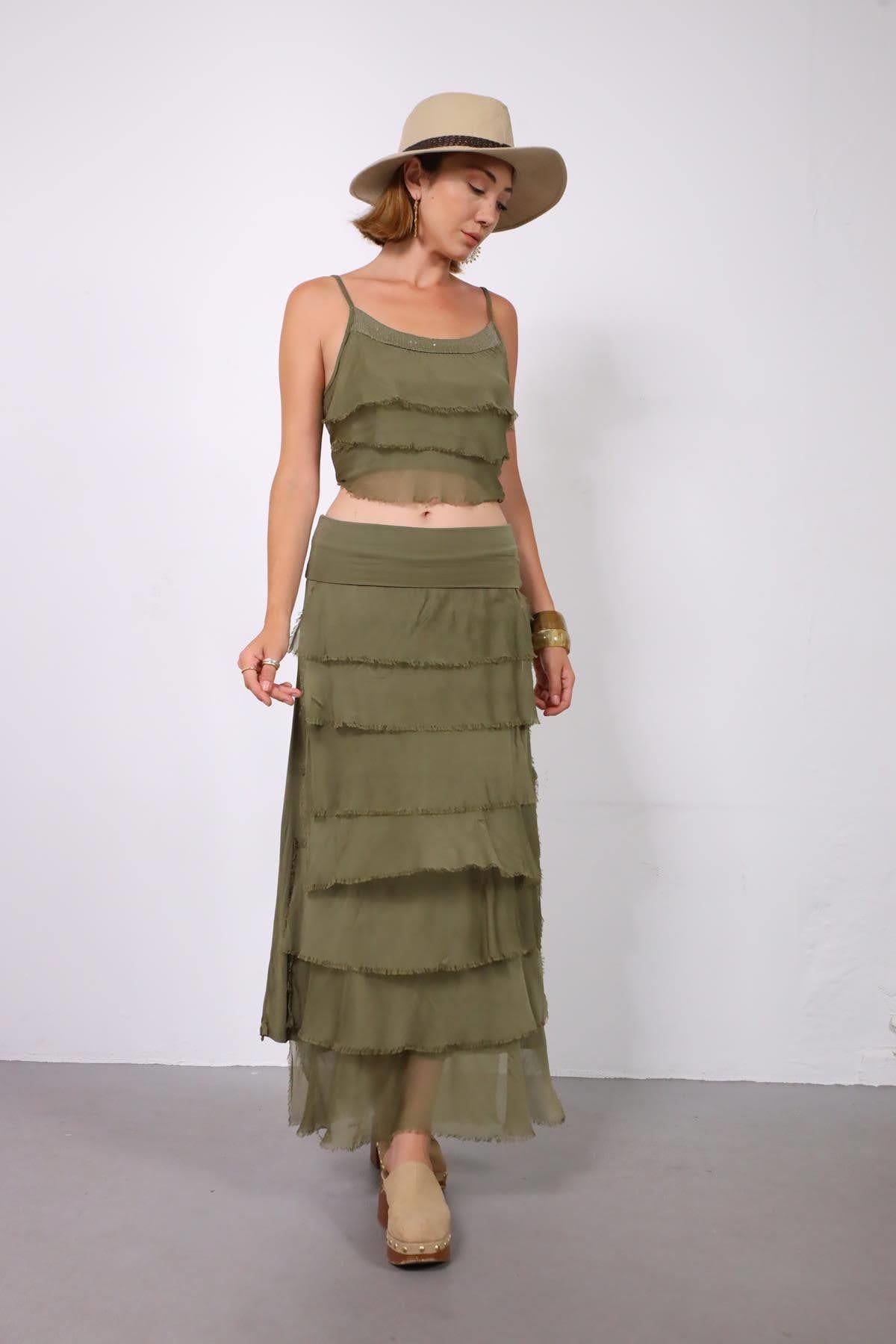 Haki Kat Kat İpek Etek - Şaman Butik Haki Kat Kat İpek Etek