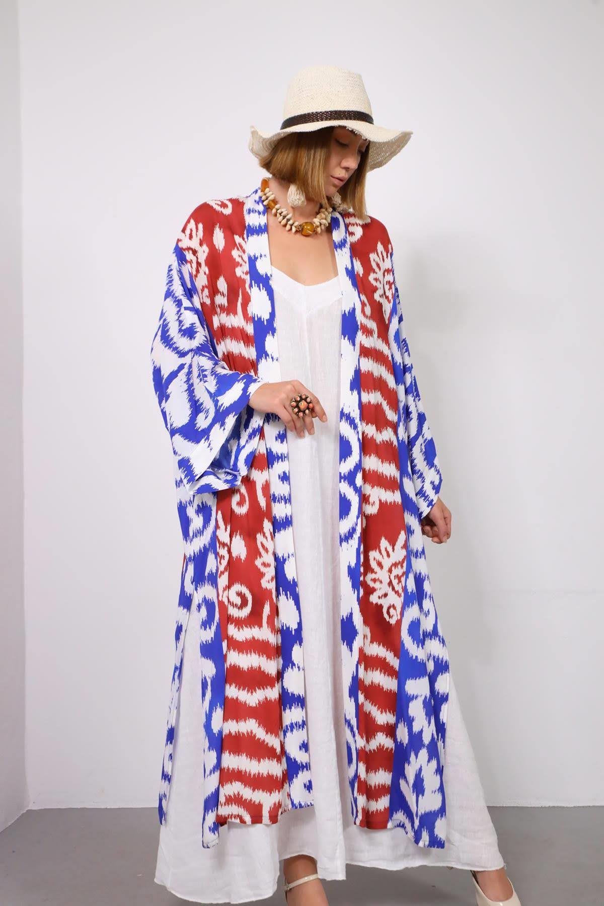 Ekru İkat Desenli Kuşaklı Kimono - Şaman Butik Ekru İkat Desenli Kuşaklı Kimono