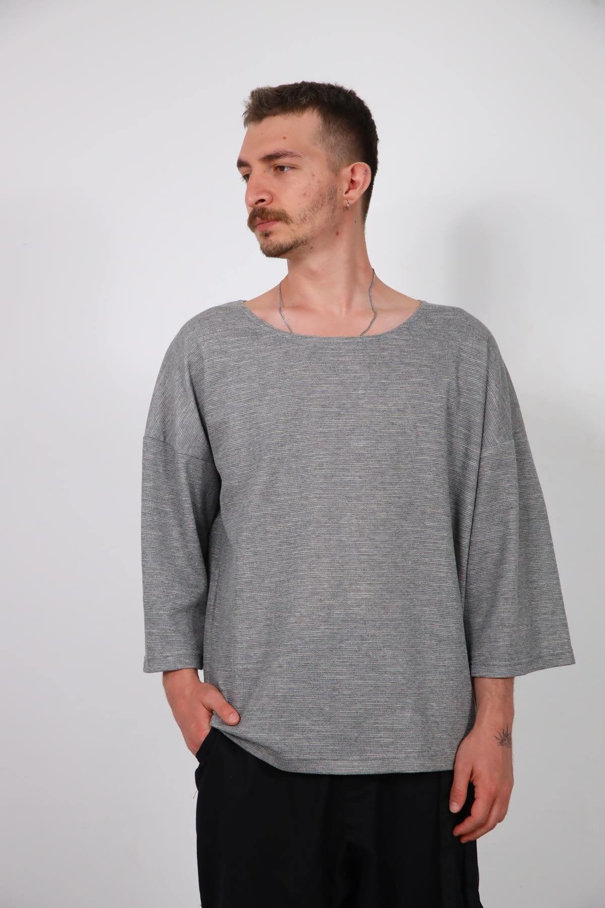 Gri Geniş Yaka Truvakar Kol Erkek Sweatshirt - Şaman Butik Gri Geniş Yaka Truvakar Kol Erkek Sweatshirt