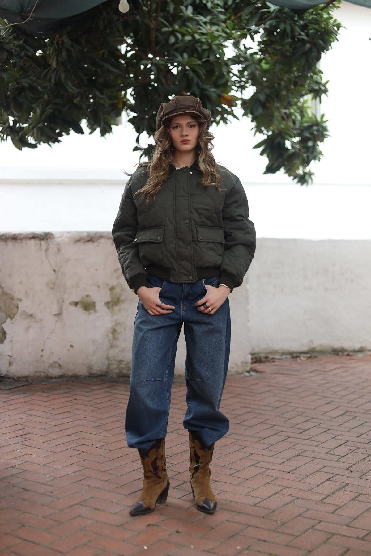 Haki Çıtçıtlı Kapitone Mont