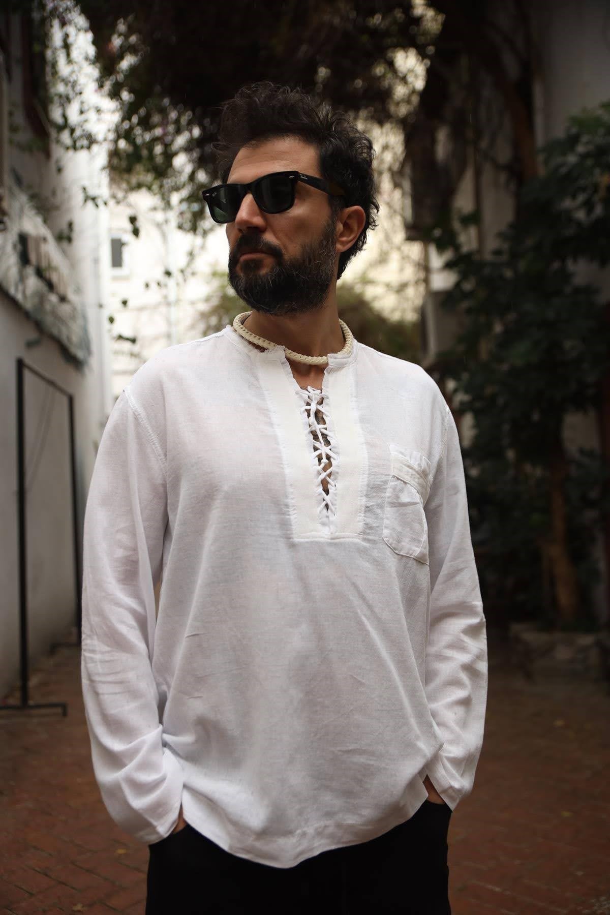 White Lace Up Collar Bohemian Shirt