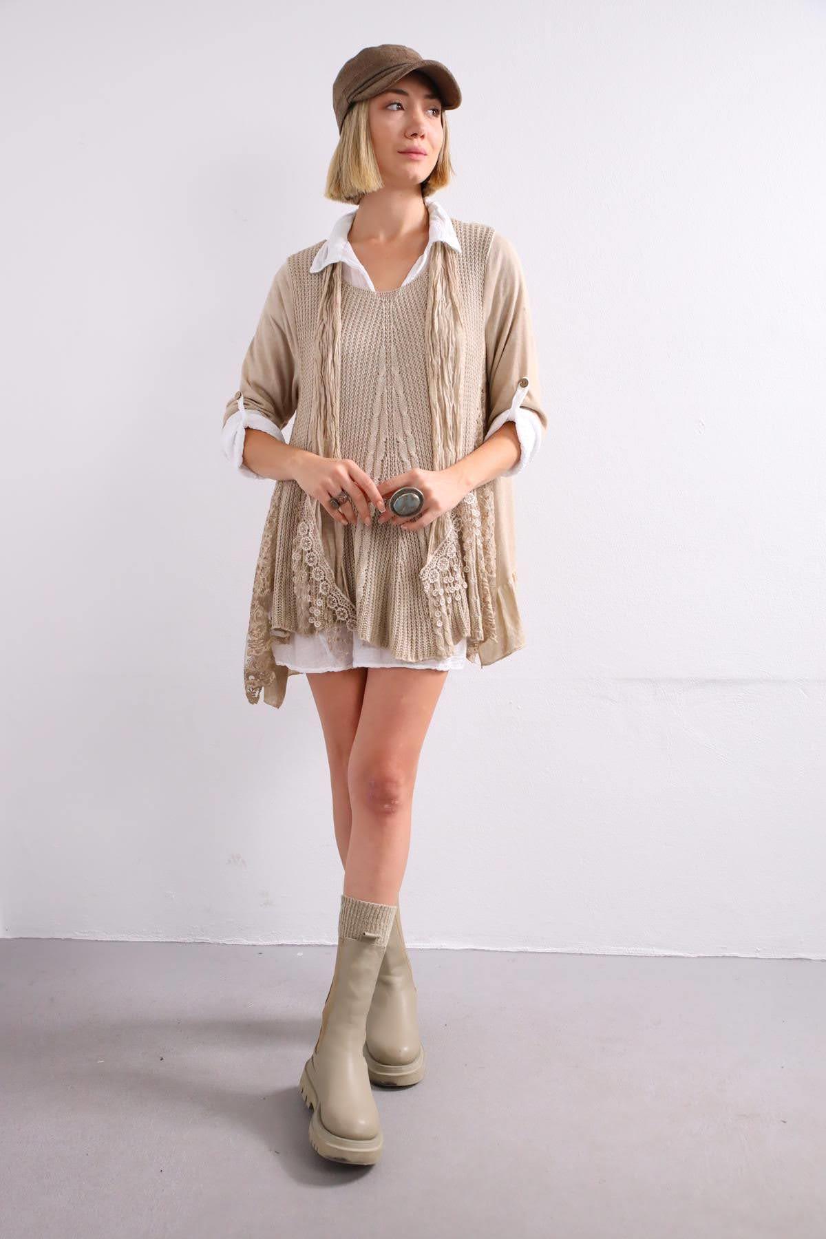 Krem Rengi İkili Triko Bluz - Şaman Butik Krem Rengi İkili Triko Bluz